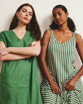 Sunshower Flowy Linen Dress - Clover/Beige Stripe