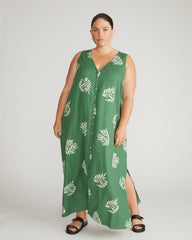 Islet Button-Down Linen Maxi Dress - Beachgrass Print in Green