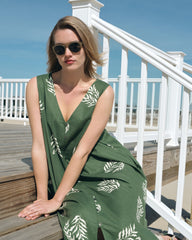 Islet Button-Down Linen Maxi Dress - Beachgrass Print in Green