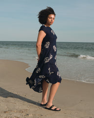 Sunset Linen Flounce Dress - Beachgrass Print in Navy