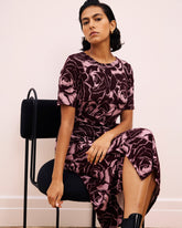 Delilah Liquid Jersey Dress - Rose Print in Black Cherry