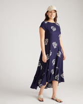 Sunset Linen Flounce Dress - Beachgrass Print in Navy