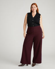Stephanie Wide Leg Stripe Ponte Pants 30 Inch - Black Cherry with Green/Ultramarine Piping