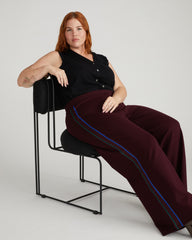 Stephanie Wide Leg Stripe Ponte Pants 30 Inch - Black Cherry with Green/Ultramarine Piping