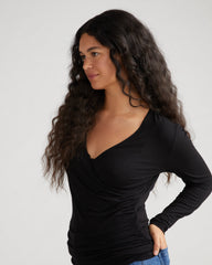 Liquid Jersey Two-Way Long Sleeve Cross Top - Black