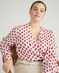 Cooling Stretch Cupro Button-Down Blouse - Morningstar Print in Red