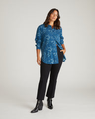 Cooling Stretch Cupro Artist Shirt - Rose Print in Deep Teal
