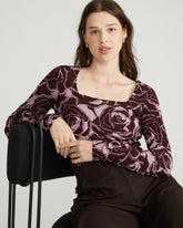 Agatha Liquid Jersey Top - Rose Print in Black Cherry
