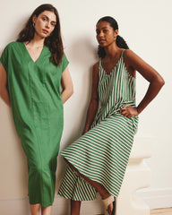 Sunshower Flowy Linen Dress - Clover/Beige Stripe