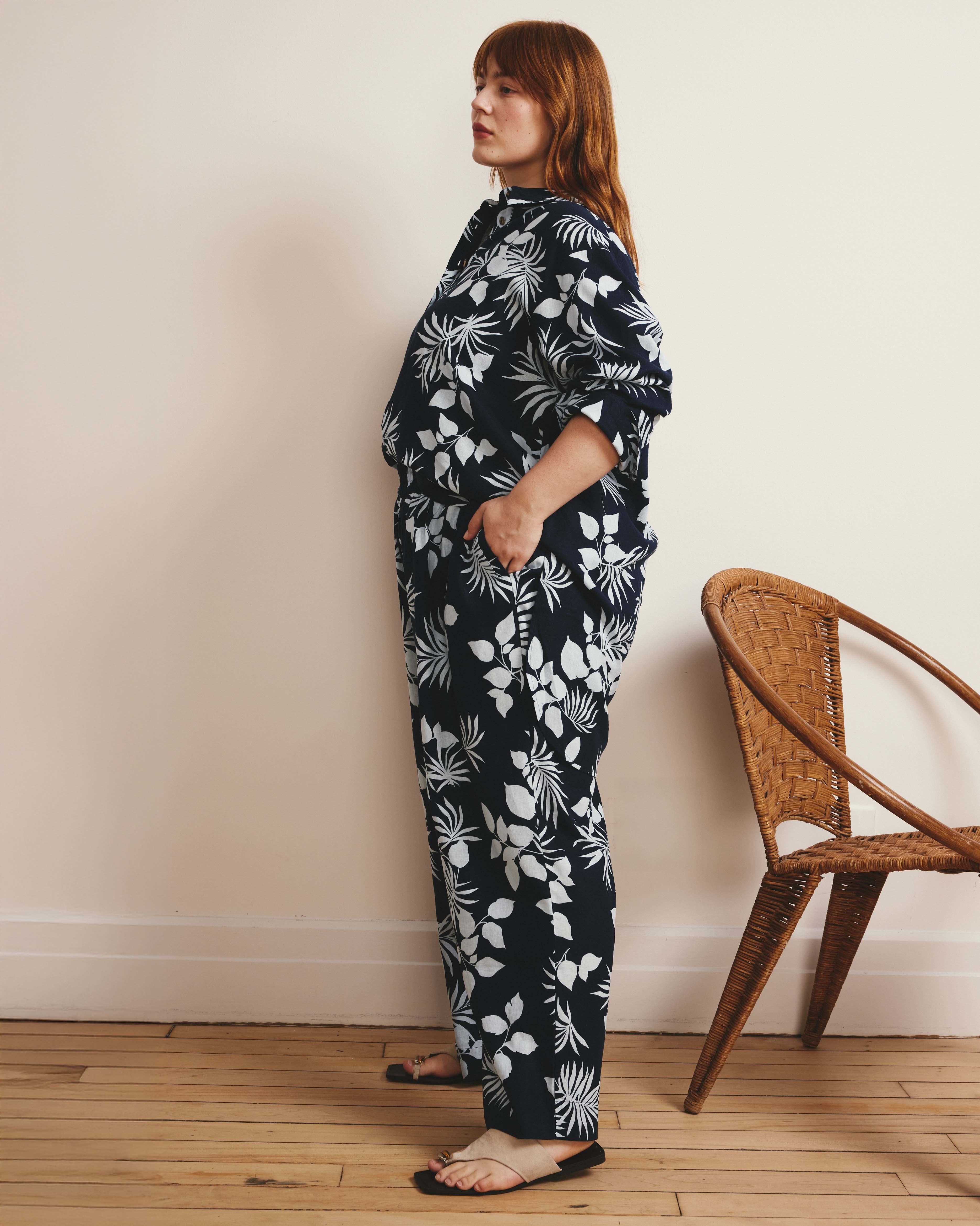 Dawn Linen Hi Low Tunic - Palm Print in Light Blue