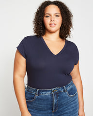 Ashley V Neck Cap Sleeve Tee - Midnight