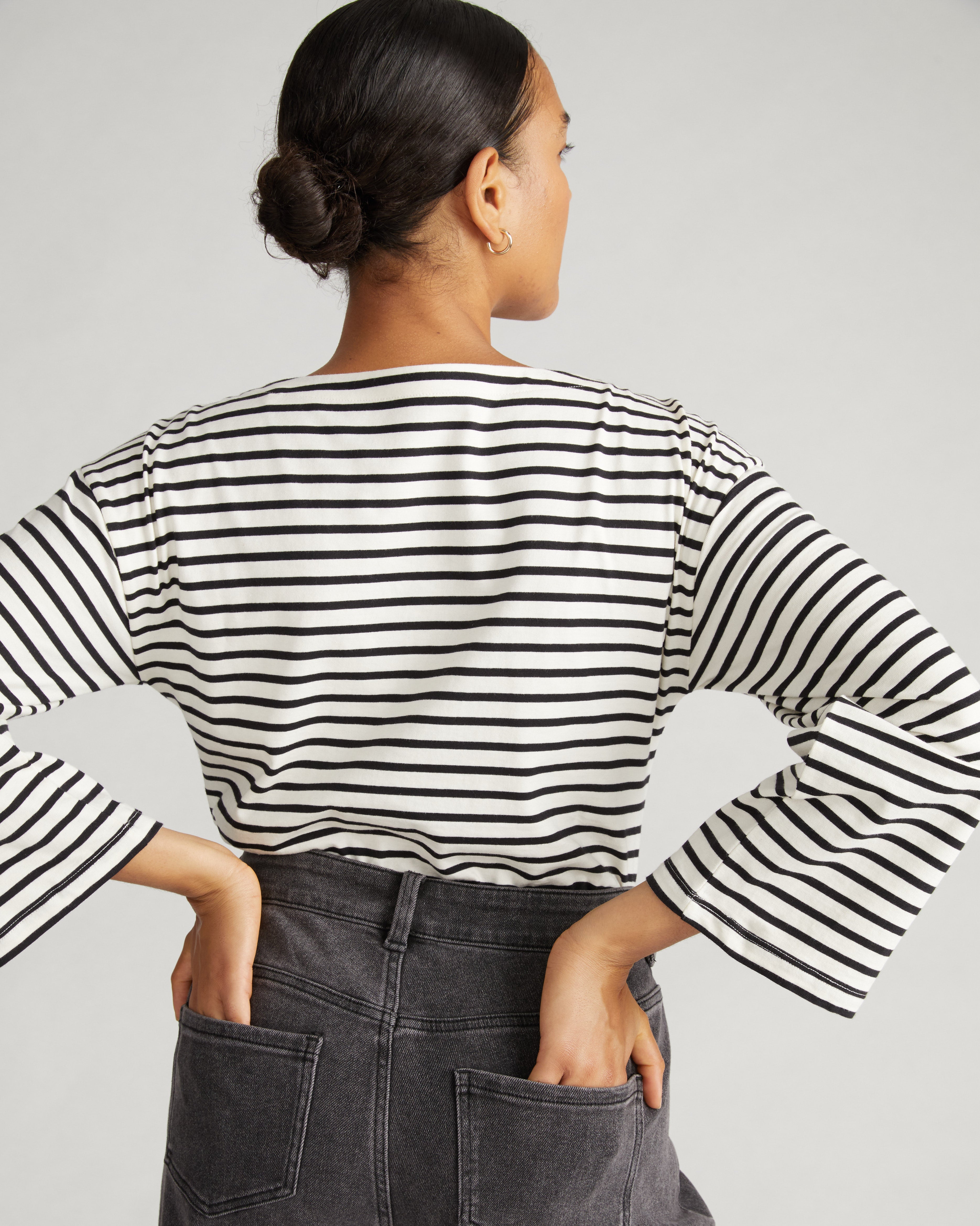 Montauk Breton Stripe Bell Sleeve Top - Ecru/Black Stripe