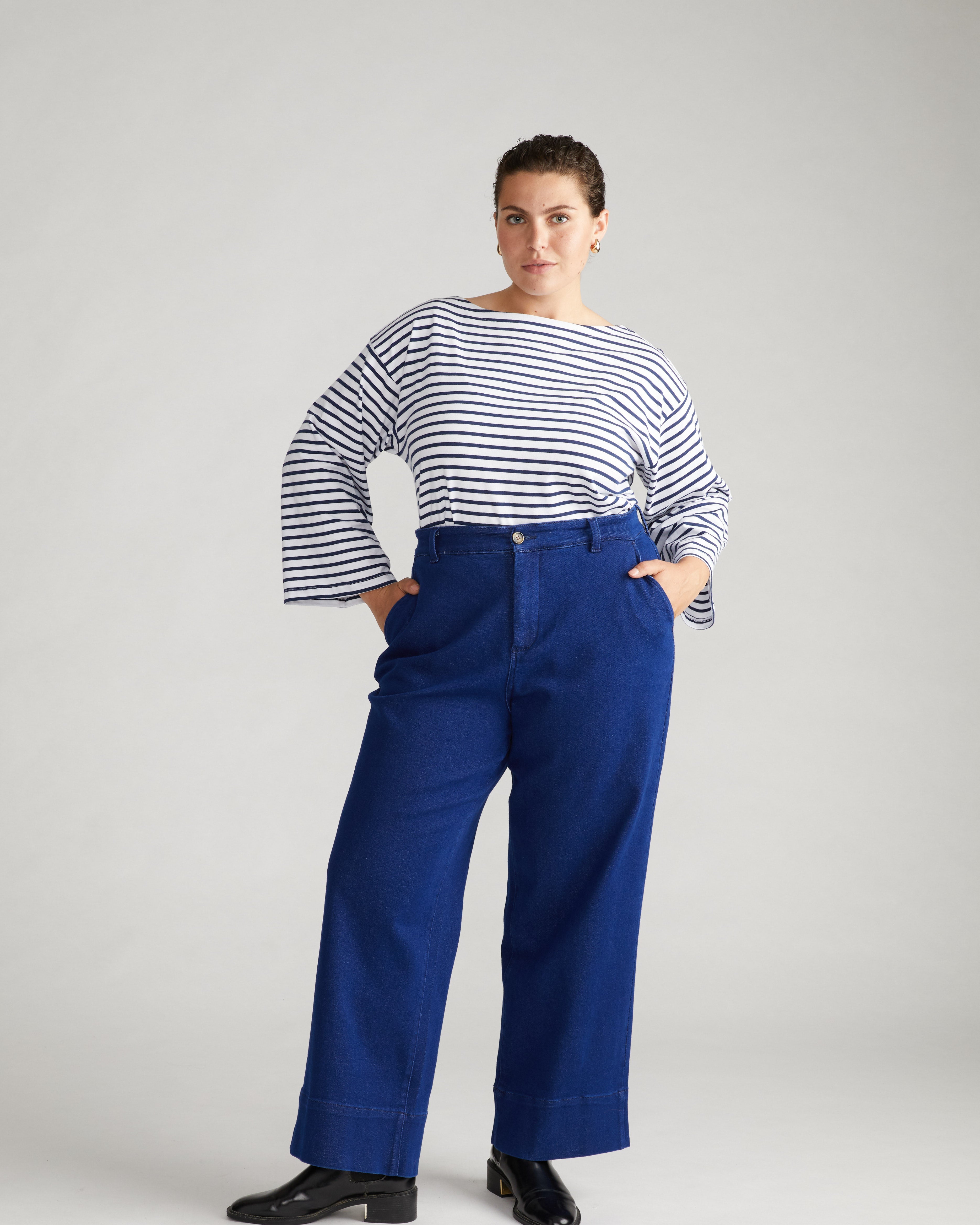 Montauk Breton Stripe Bell Sleeve Top - White/Cenote Stripe