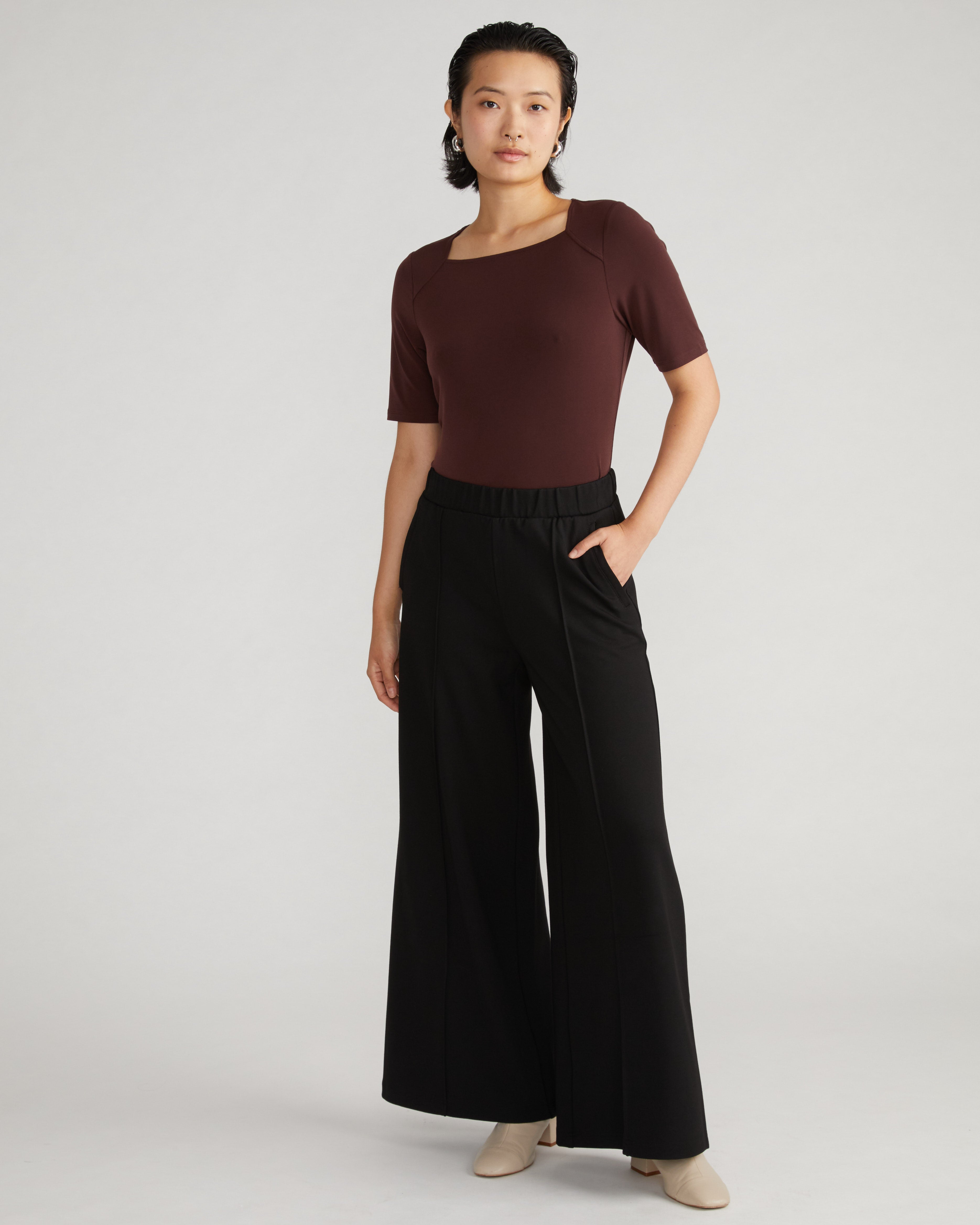 Pam Pintuck Wide Leg Ponte Pants - Black