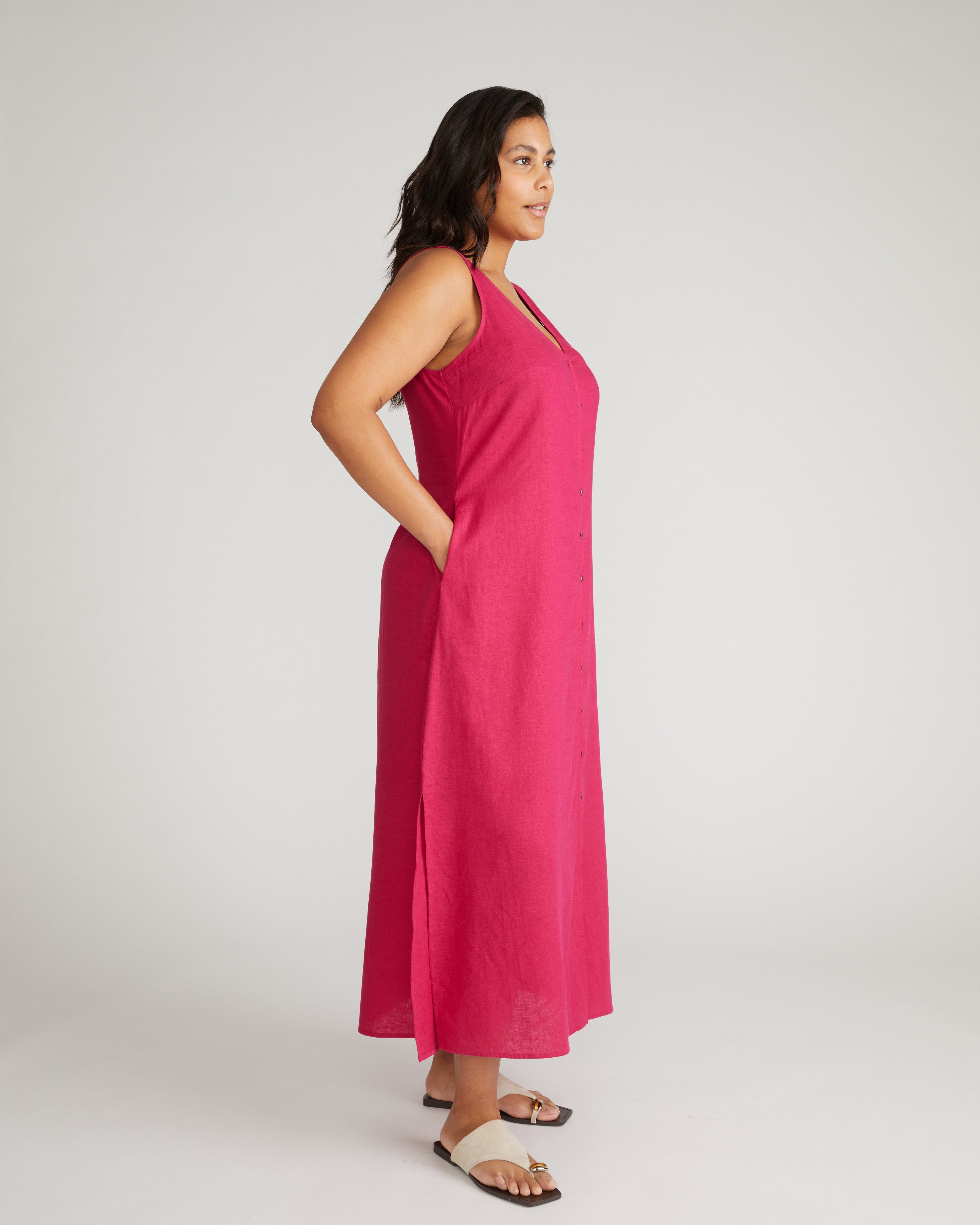Islet Button-Down Linen Maxi Dress - Cerise