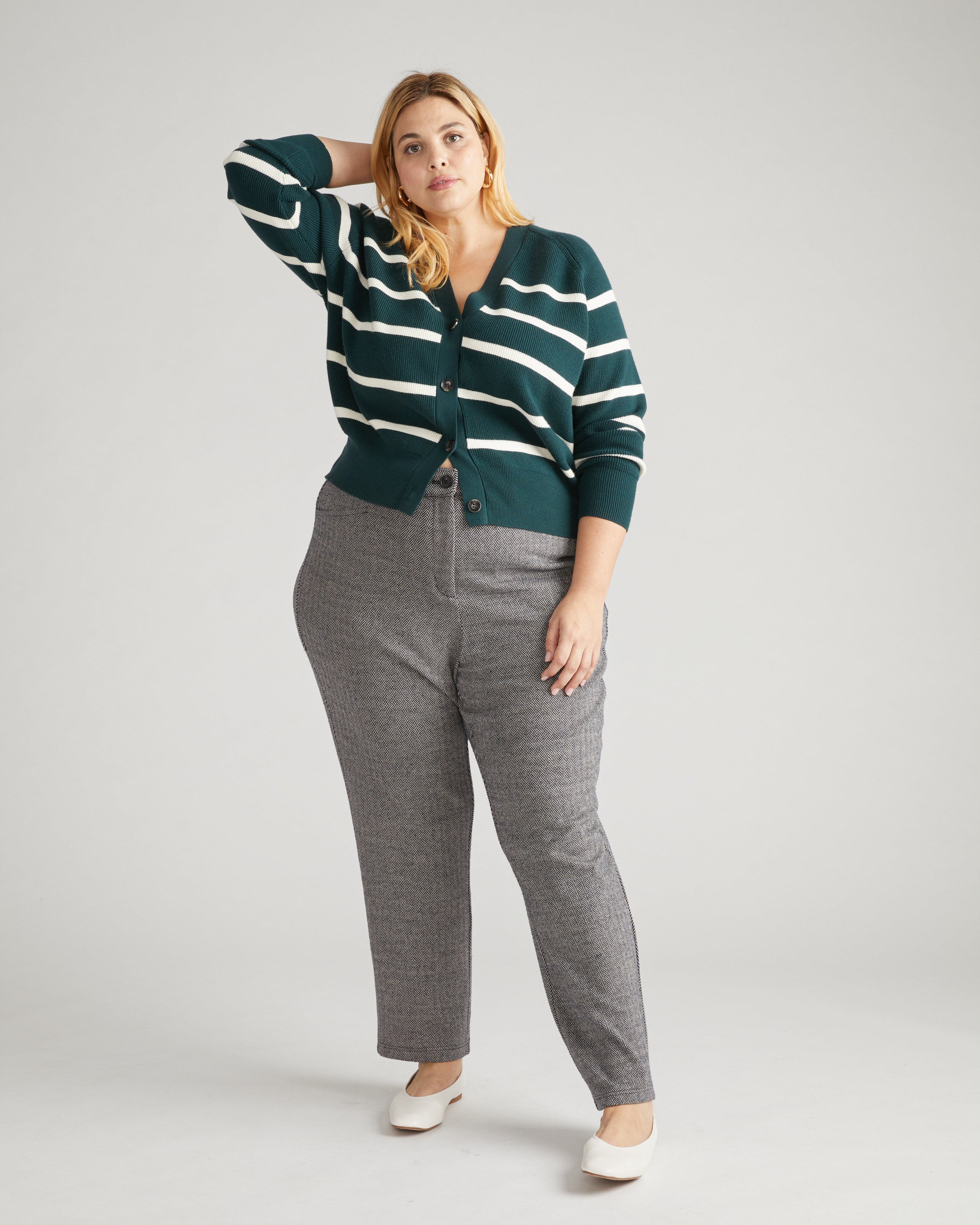 Long Cigarette Ponte Pants - Herringbone Tweed