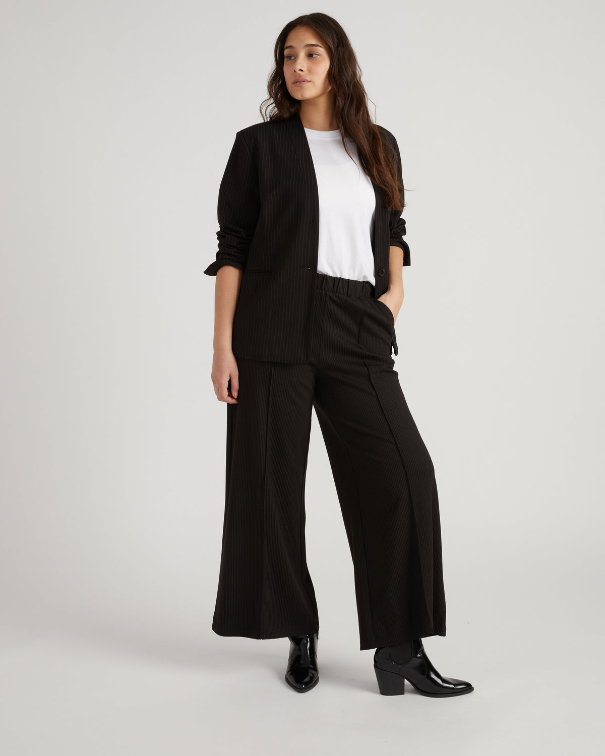 Lennox Collarless Ponte Blazer - Slate Pinstripe