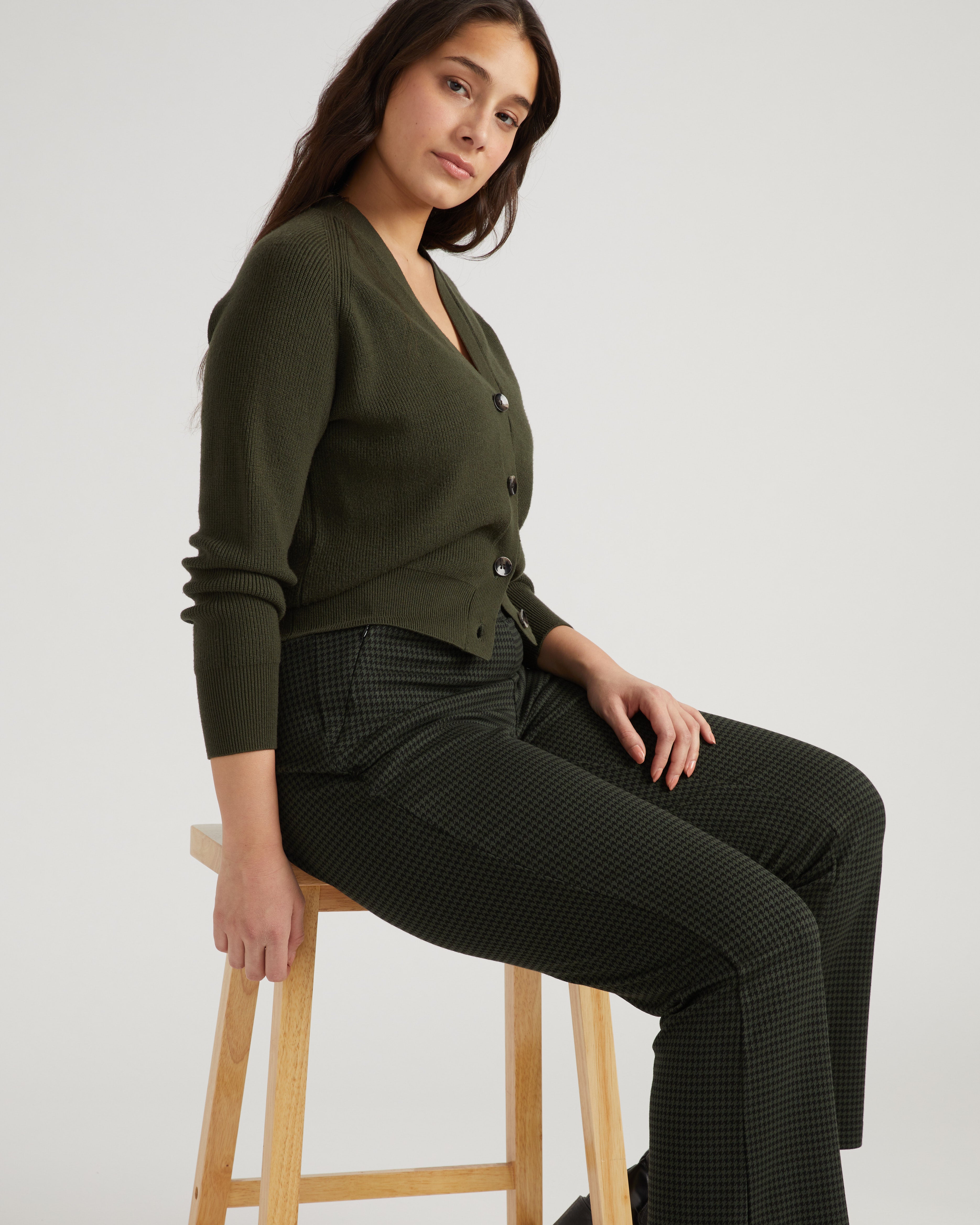 Pull On Bootcut Ponte Pants - Forest Houndstooth