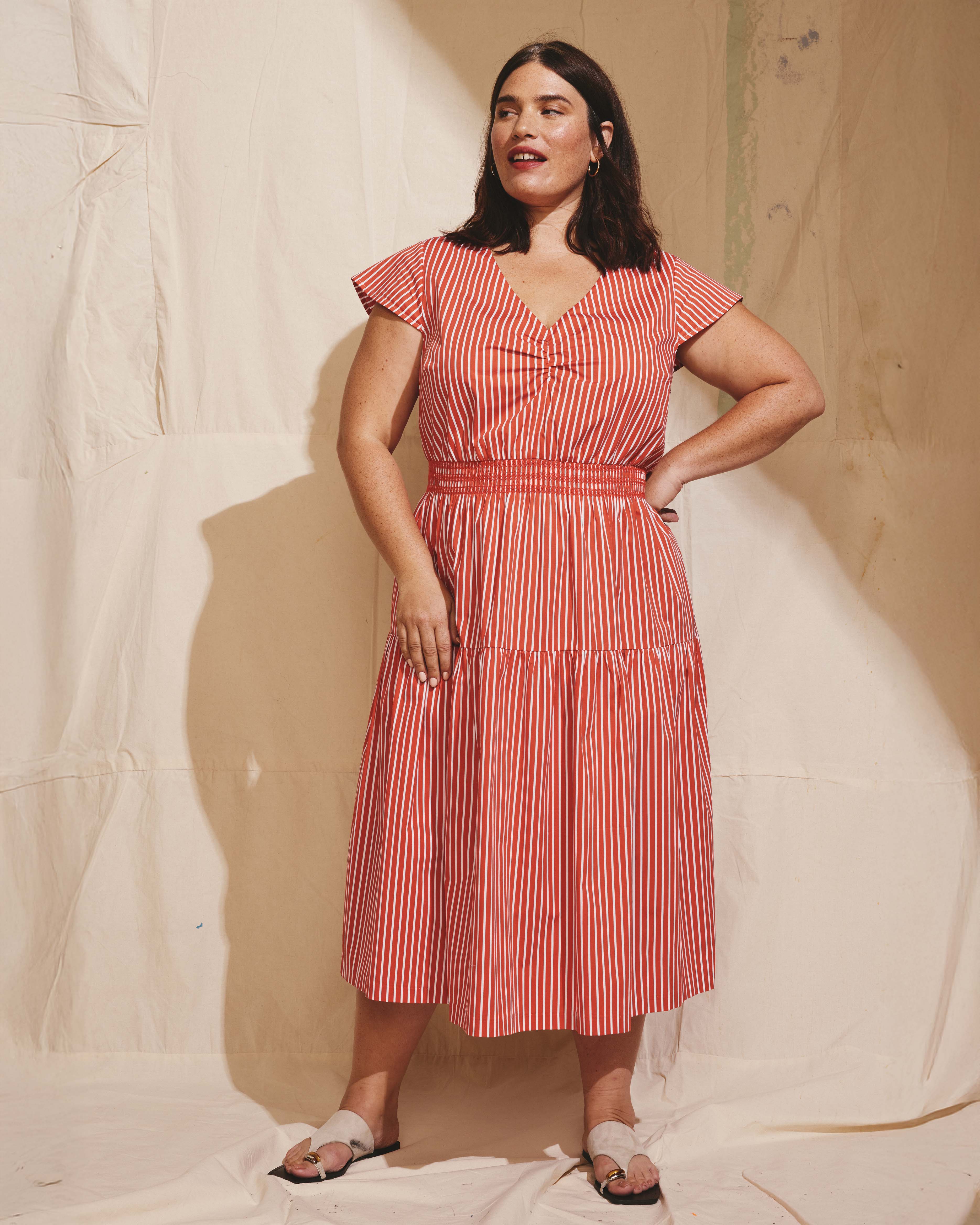 Ambroeus Smocked Poplin Dress - Coral Reef/White Stripe