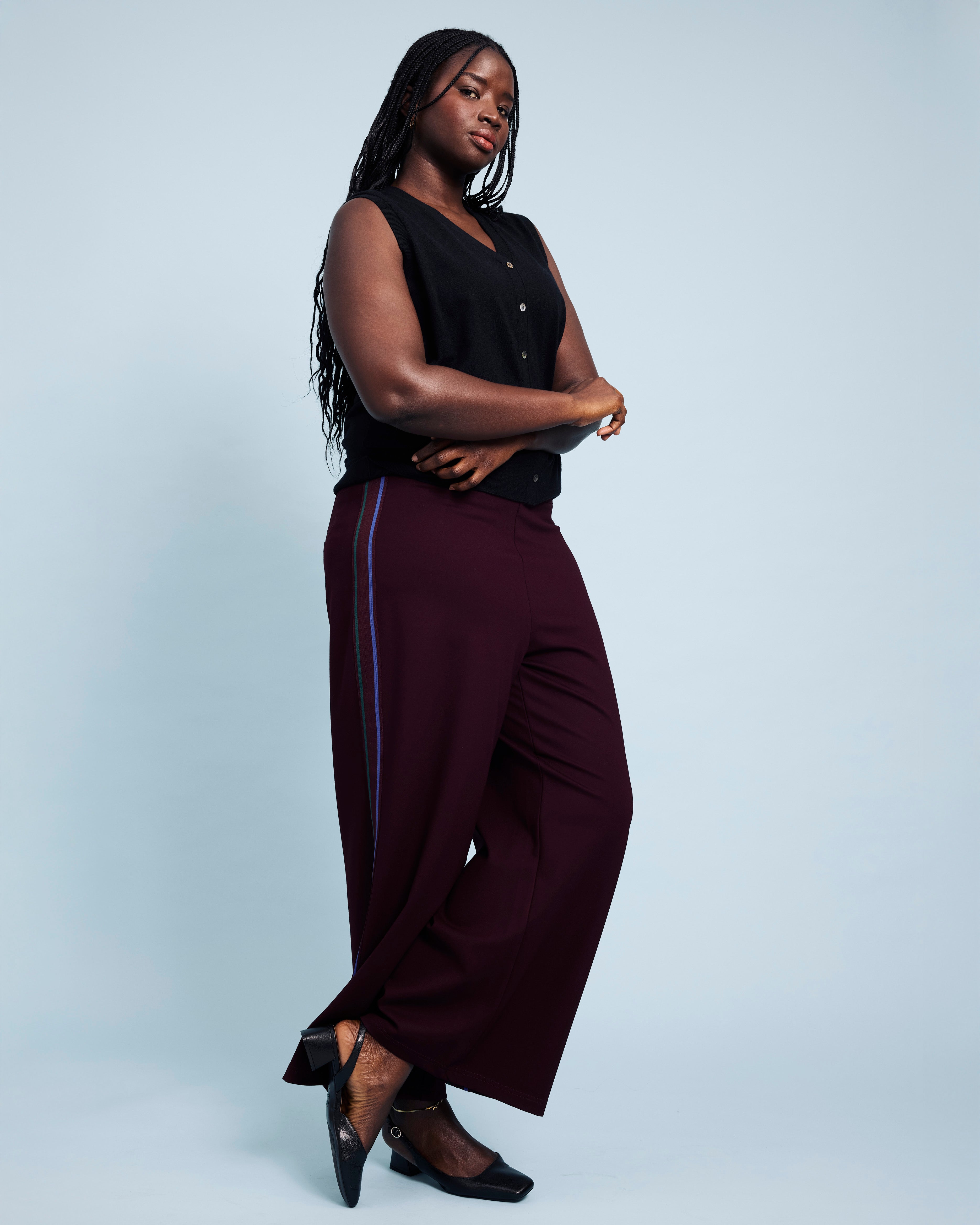 Stephanie Wide Leg Stripe Ponte Pants 30 Inch - Black Cherry with Green/Ultramarine Piping