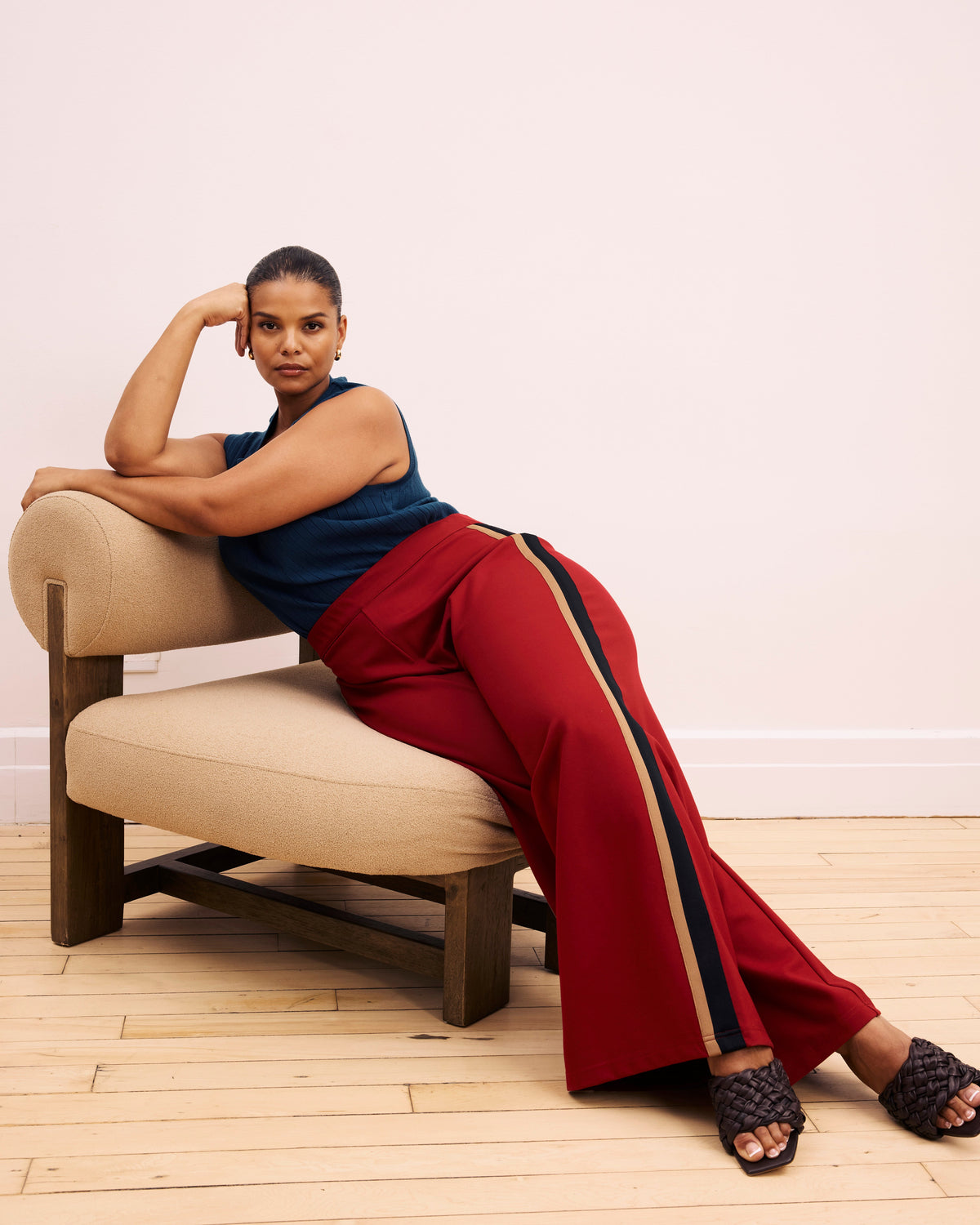 Stephanie Wide Leg Stripe Ponte Pants 30 Inch - Garnet with Camel/Black Stripe