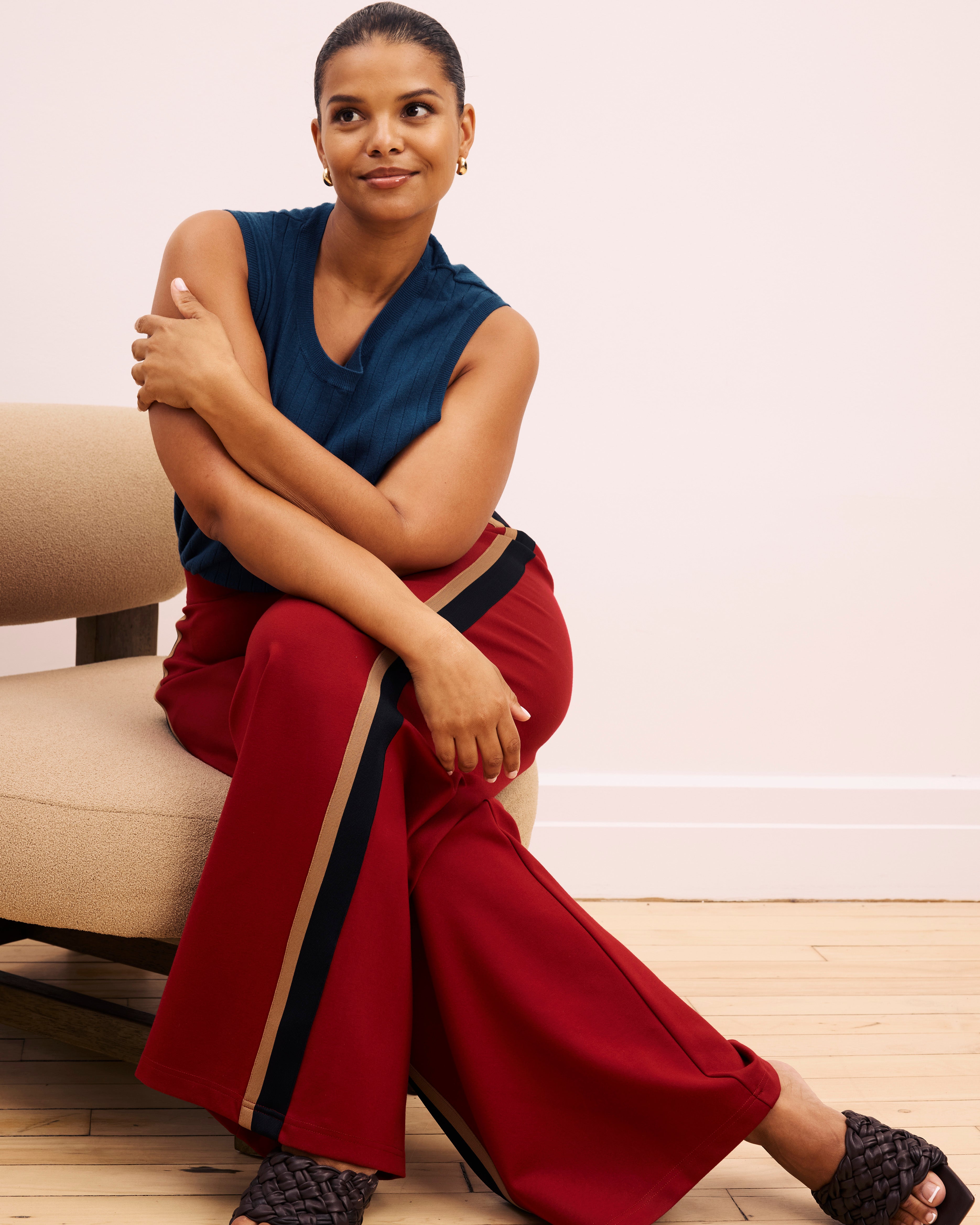 Stephanie Wide Leg Stripe Ponte Pants 30 Inch - Garnet with Camel/Black Stripe