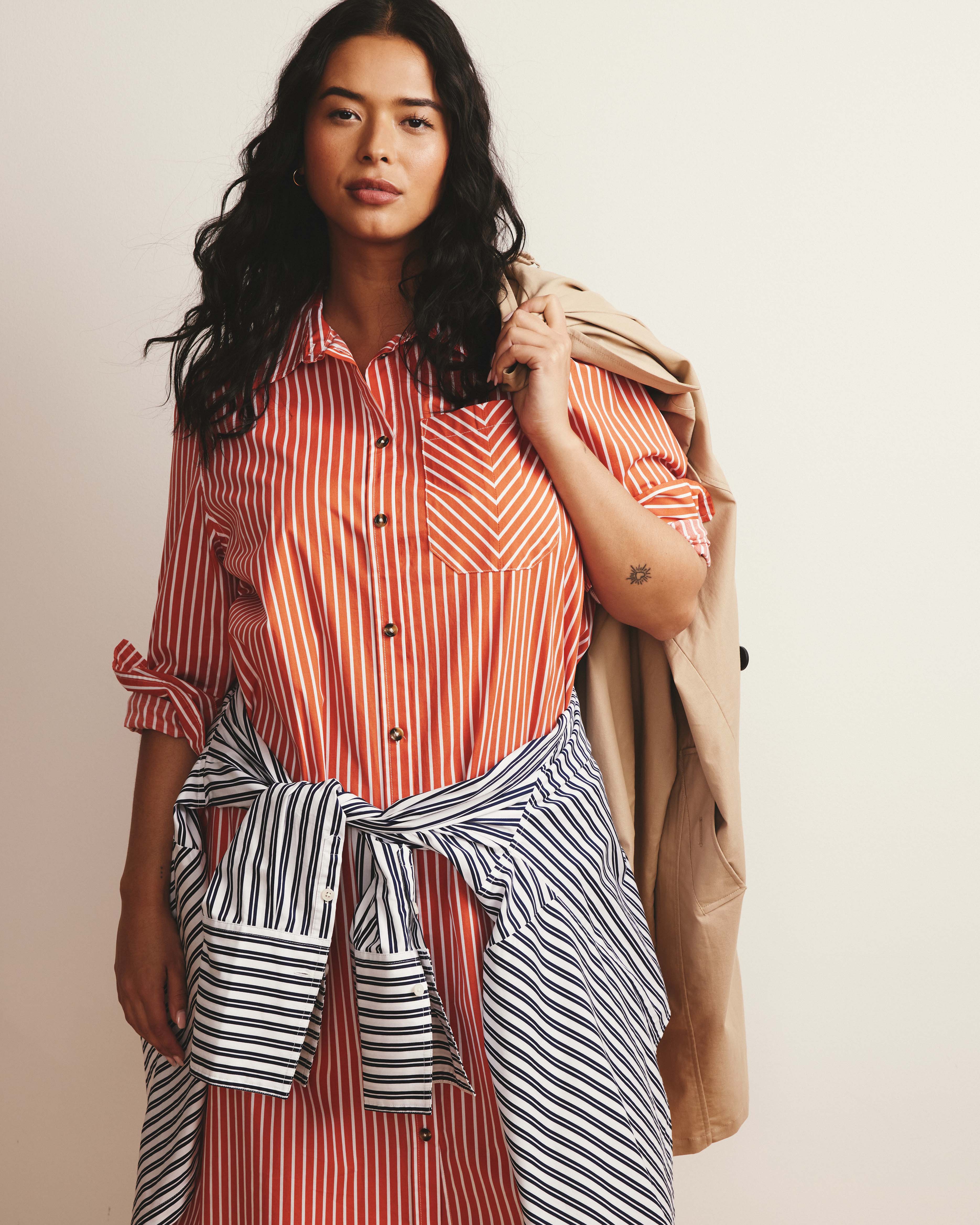 Odeon Stretch Poplin Shirtdress - Coral Reef/White Stripe