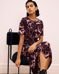 Delilah Liquid Jersey Dress - Rose Print in Black Cherry