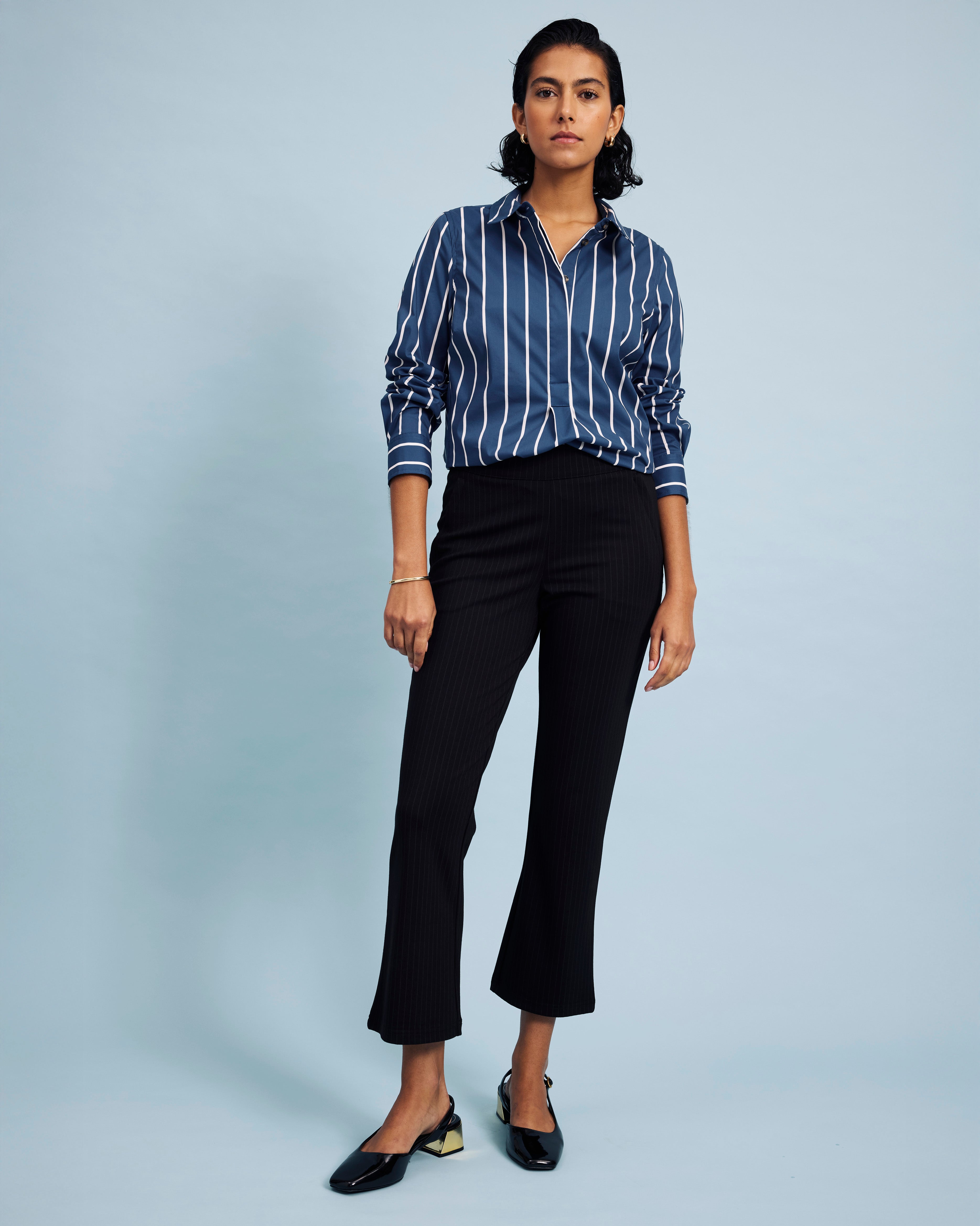 Elbe Popover Stretch Poplin Shirt Classic Fit - Ensign Blue/White Stripe