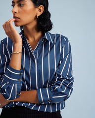 Elbe Popover Stretch Poplin Shirt Classic Fit - Ensign Blue/White Stripe