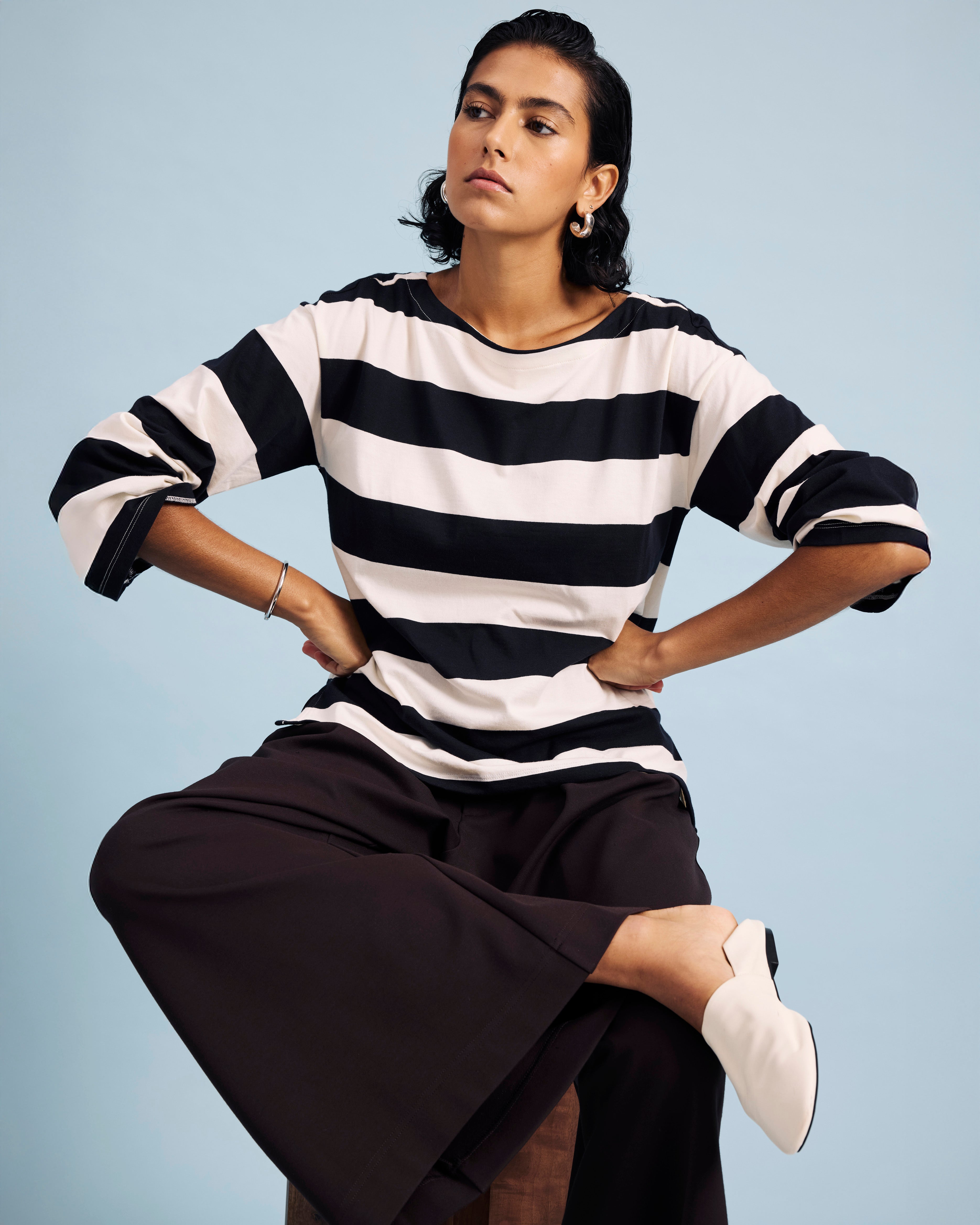 Montauk Breton Stripe Bell Sleeve Top - Ecru/Black Rugby Stripe