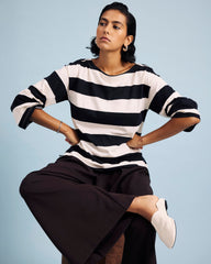 Montauk Breton Stripe Bell Sleeve Top - Ecru/Black Rugby Stripe