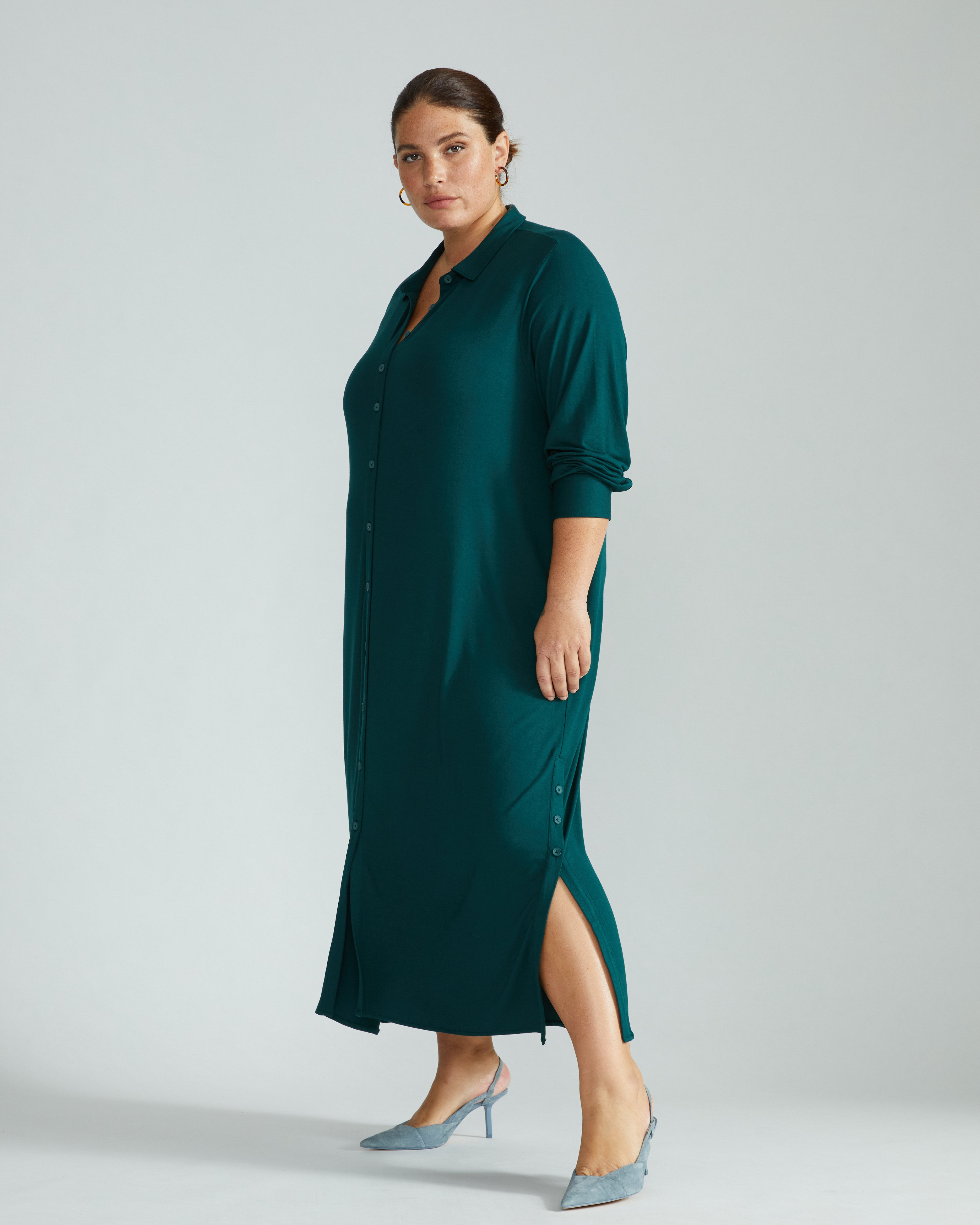 Sally Liquid Jersey Shirt Dress - Forest Green
