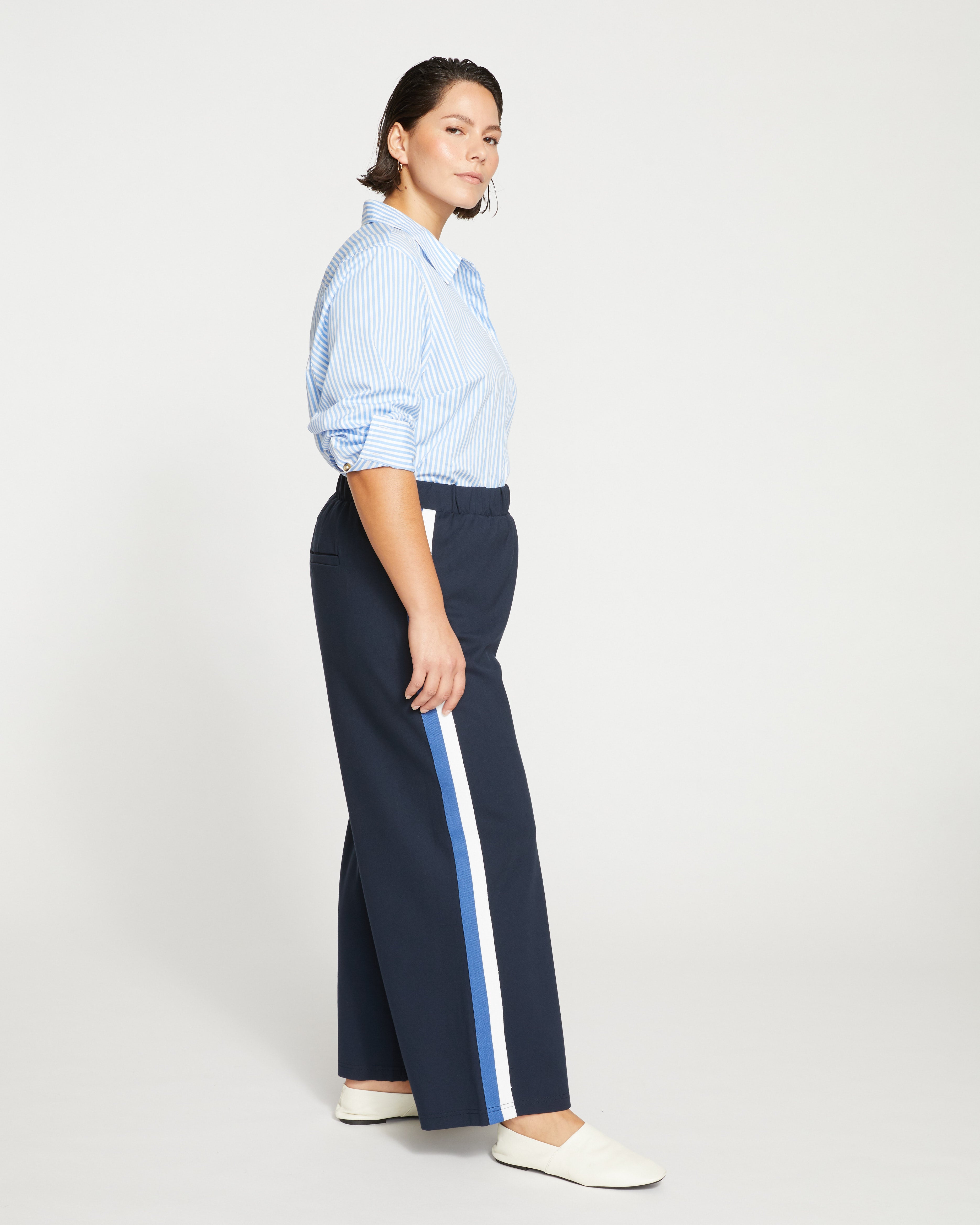 Stephanie Wide Leg Stripe Ponte Pants 27 Inch - Navy with Blue/White Stripe