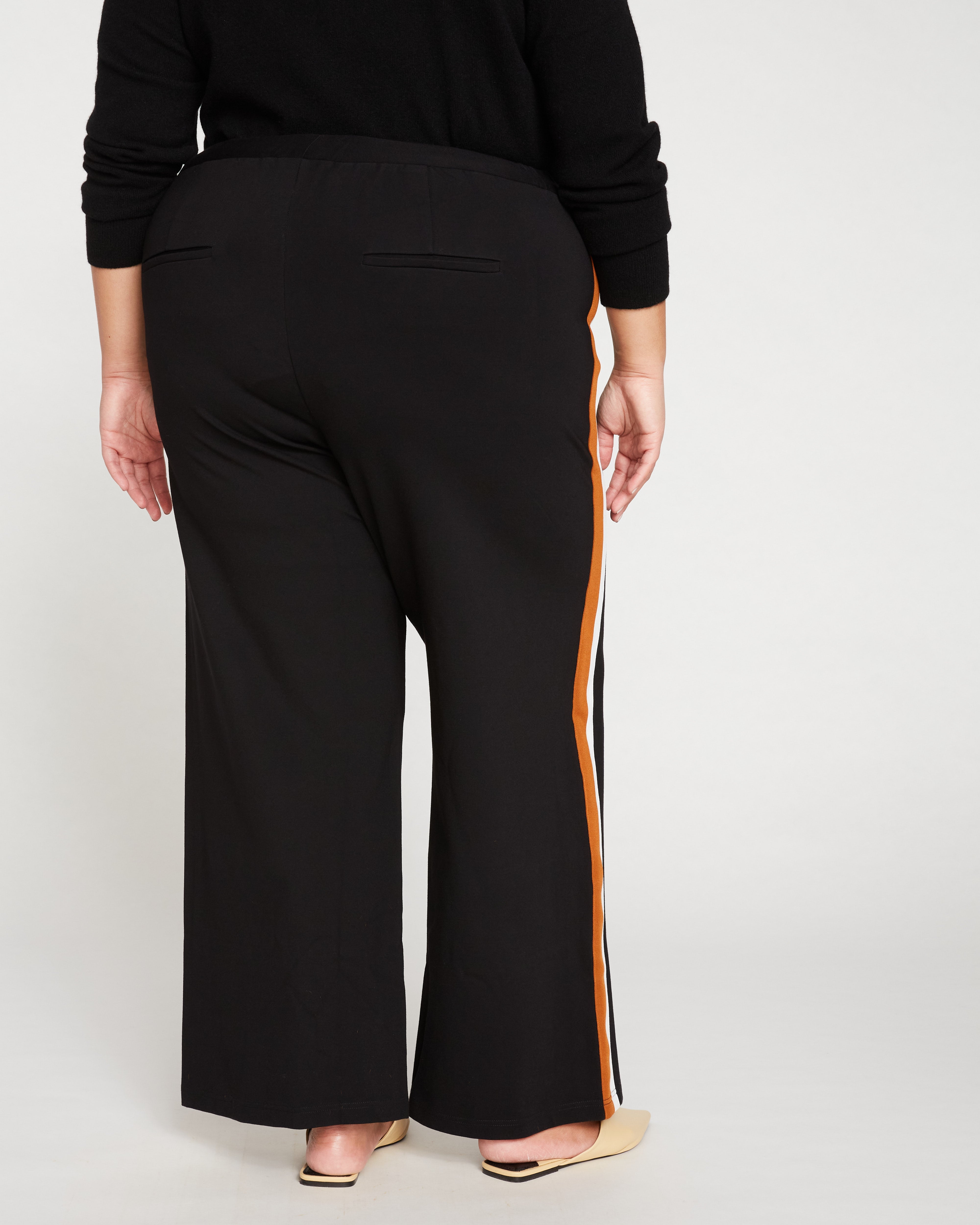 Stephanie Wide Leg Stripe Ponte Pants 30 Inch - Black with Ochre/White Stripe