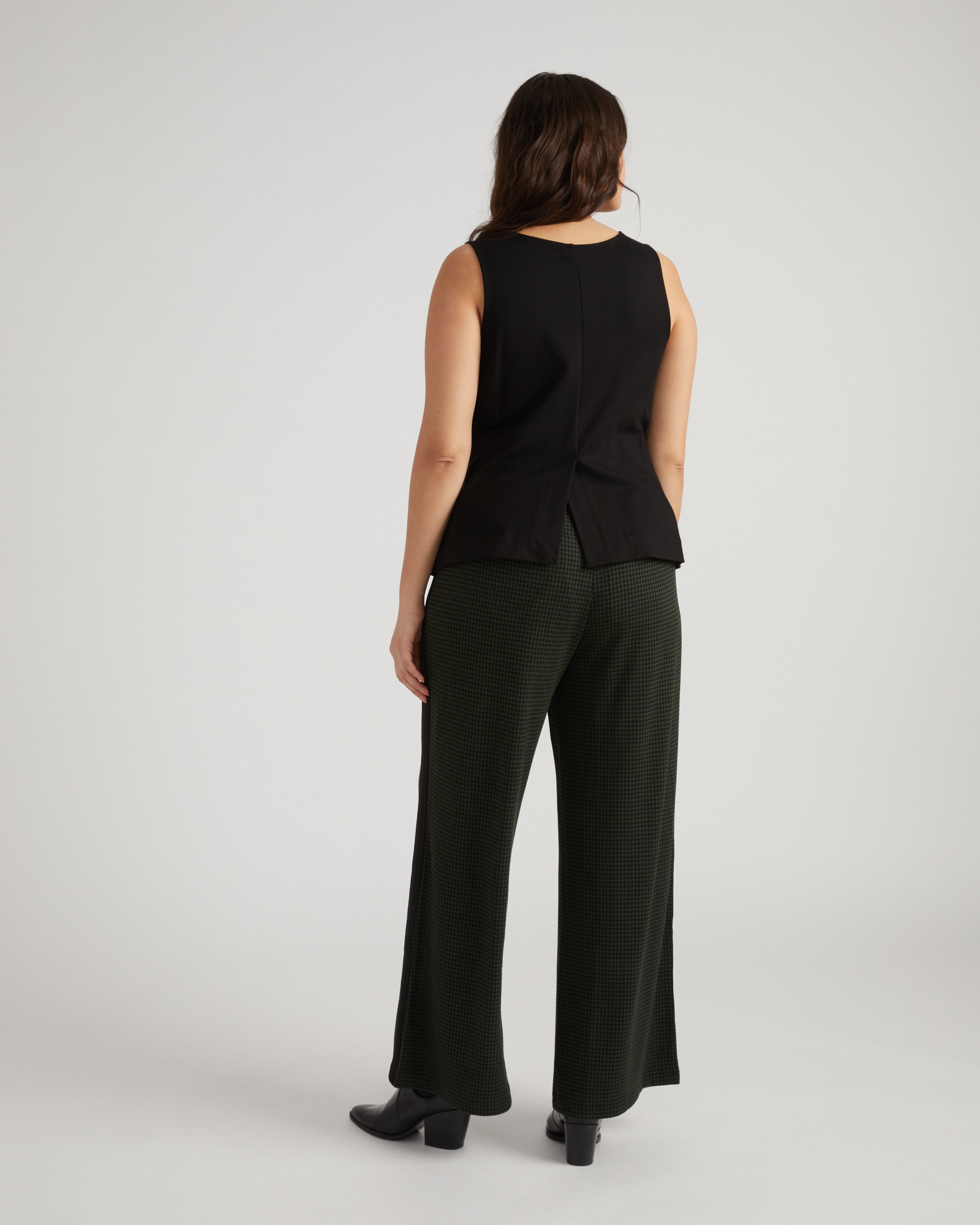 Stephanie Wide Leg Stripe Ponte Pants 30 Inch - Forest Houndstooth with Black Stripe