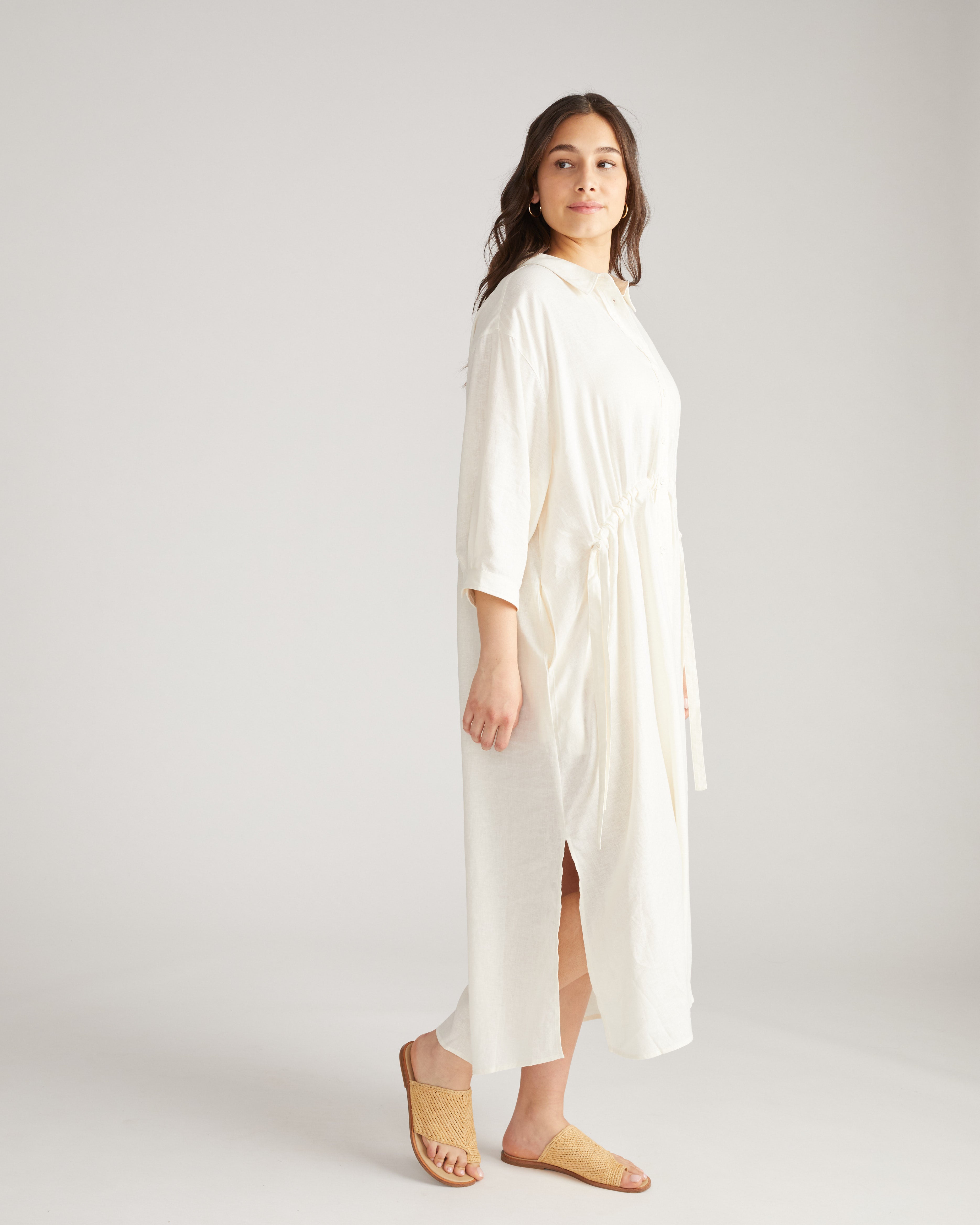 Paros Drawstring Linen Shirtdress - White