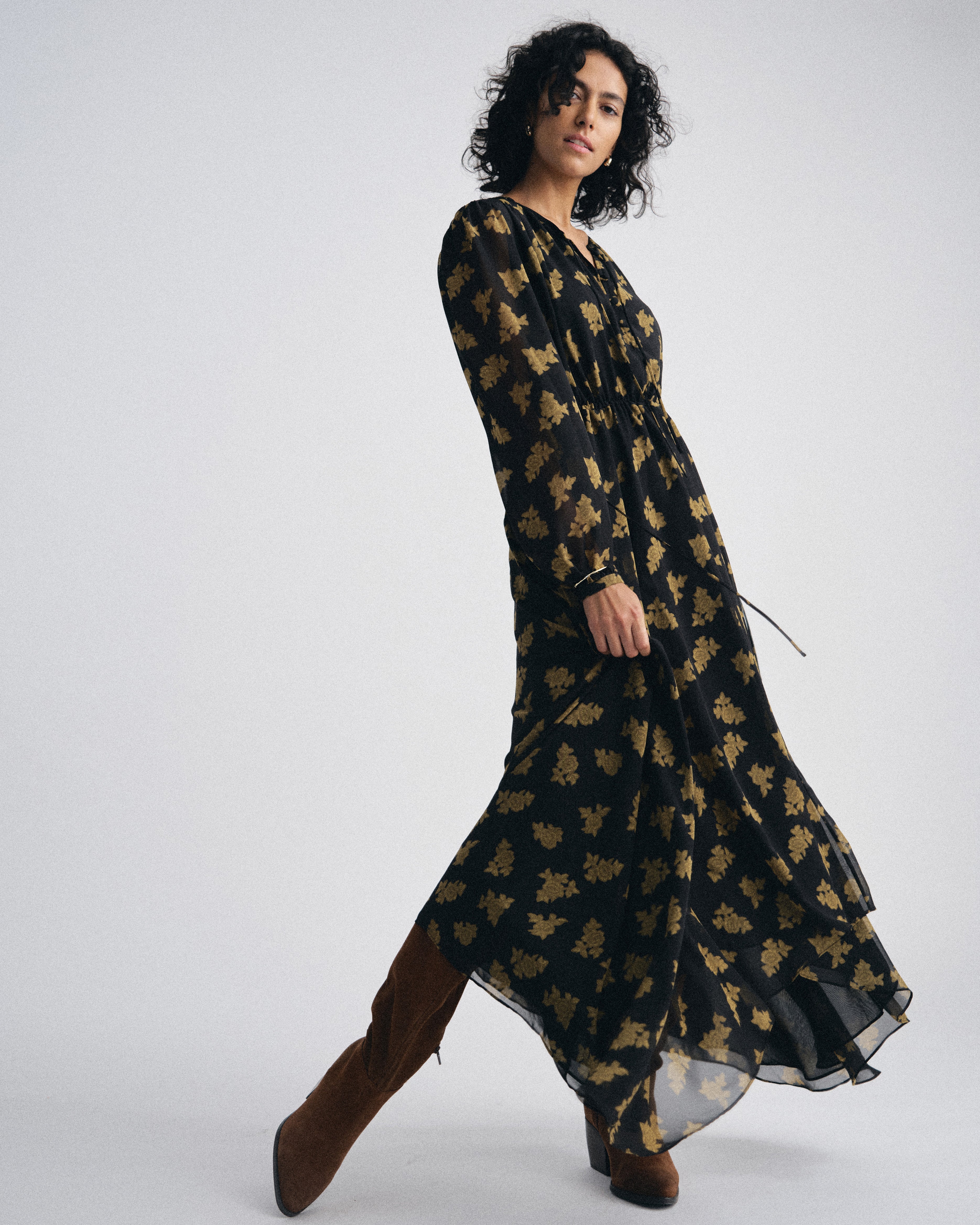 Karina Chiffon Dress - Gold Heirloom Print