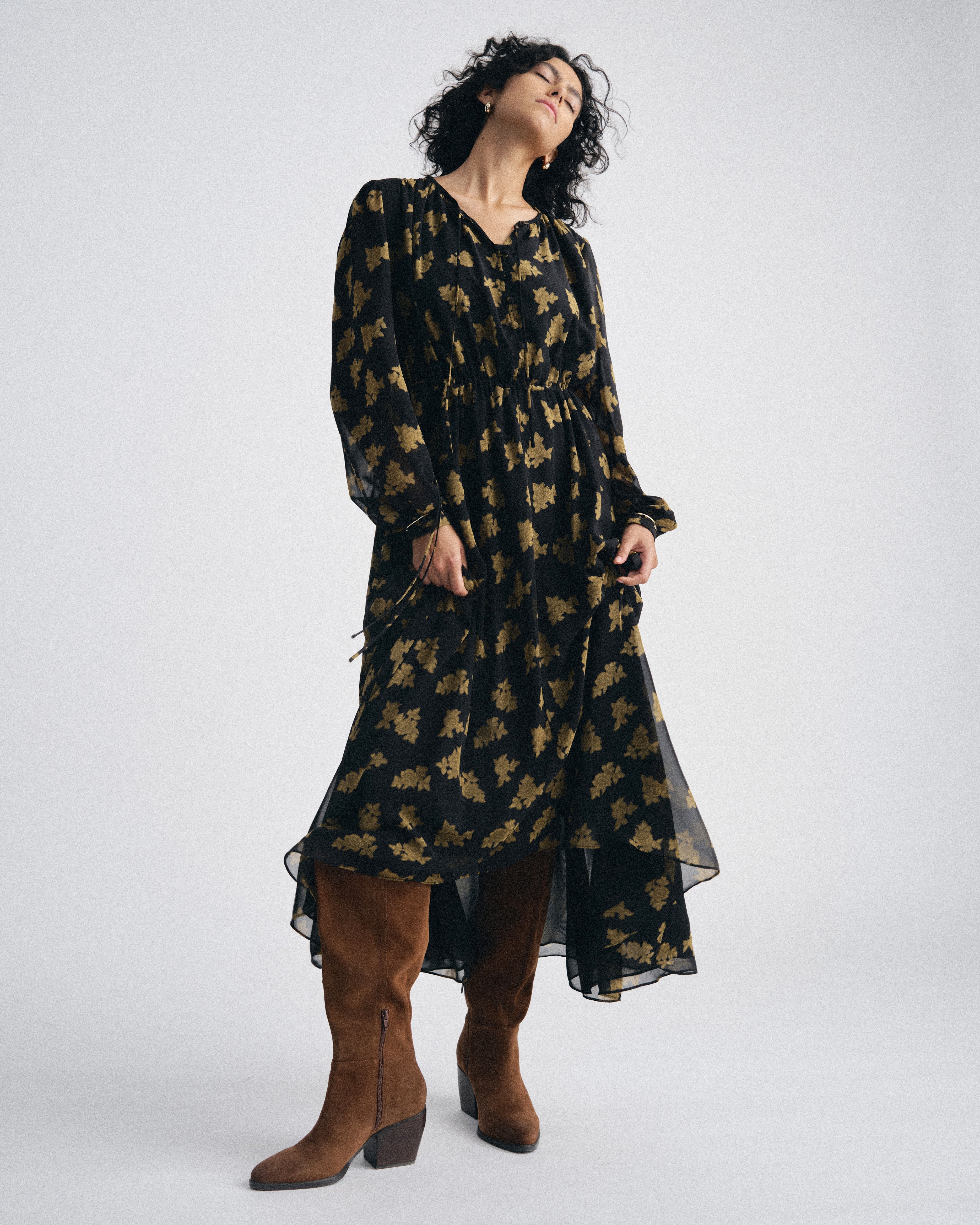 Karina Chiffon Dress - Gold Heirloom Print