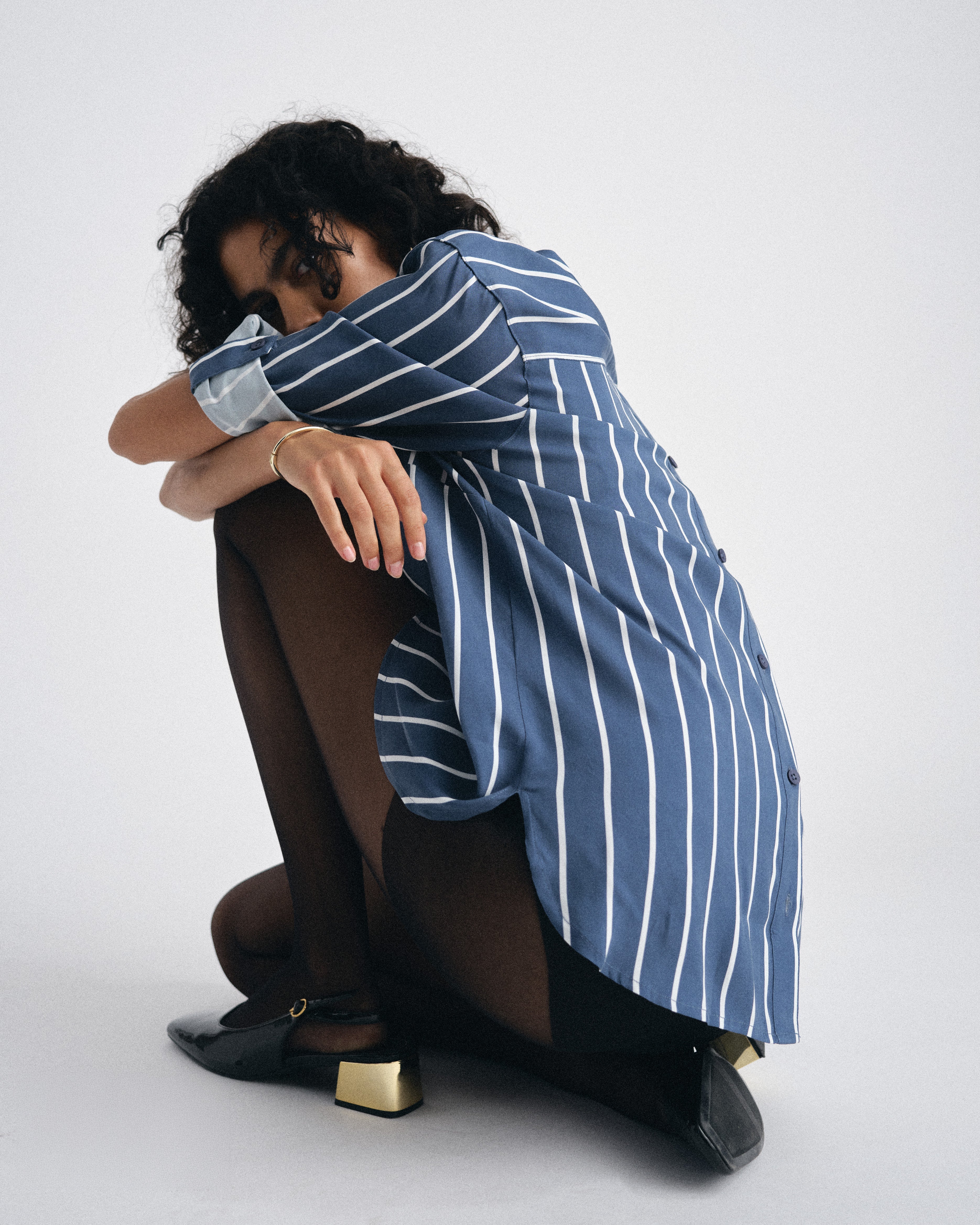 Button Back Stretch Cupro Polo Shirt - Ensign Blue/White Stripe