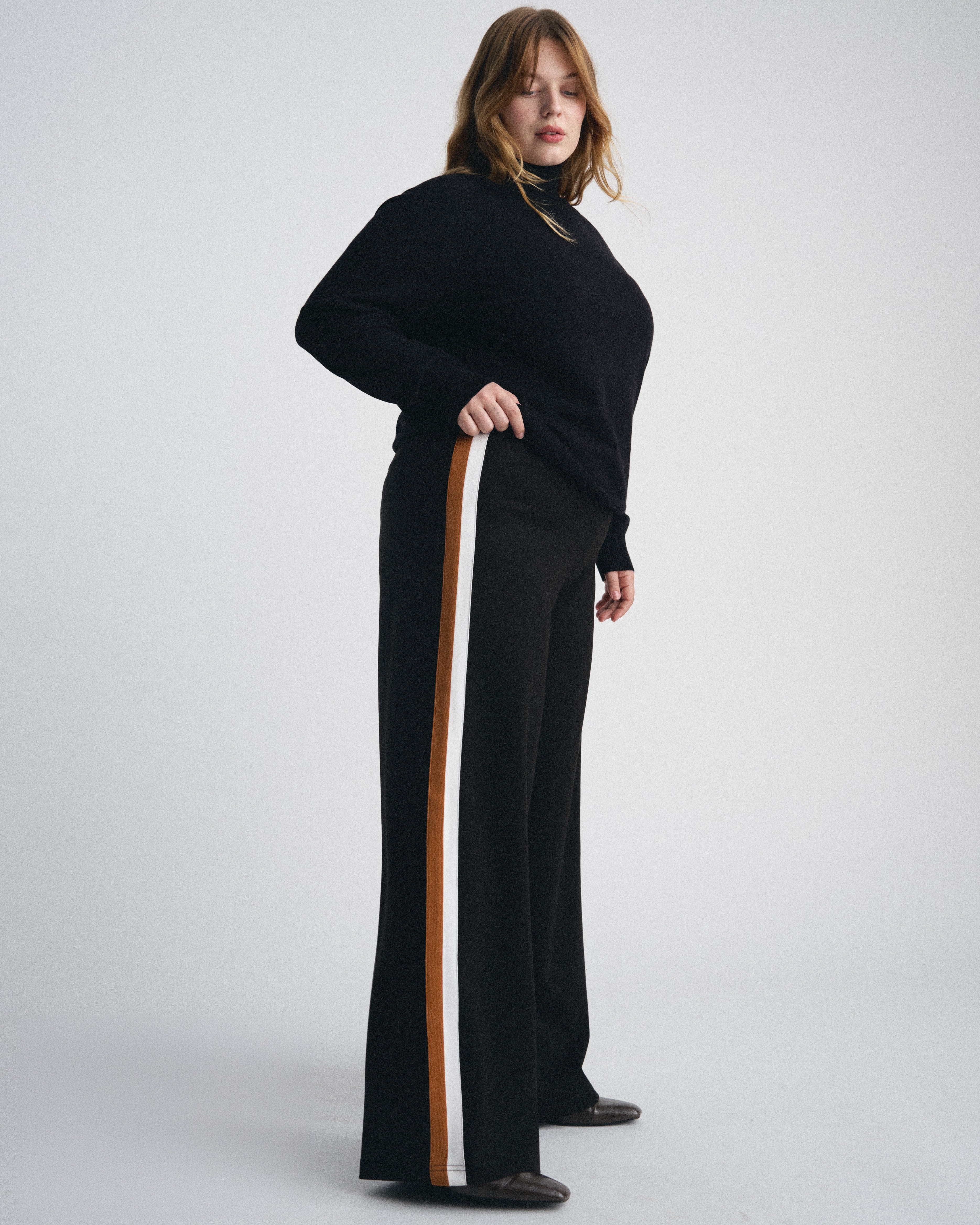 Stephanie Wide Leg Stripe Ponte Pants 30 Inch - Black with Ochre/White Stripe