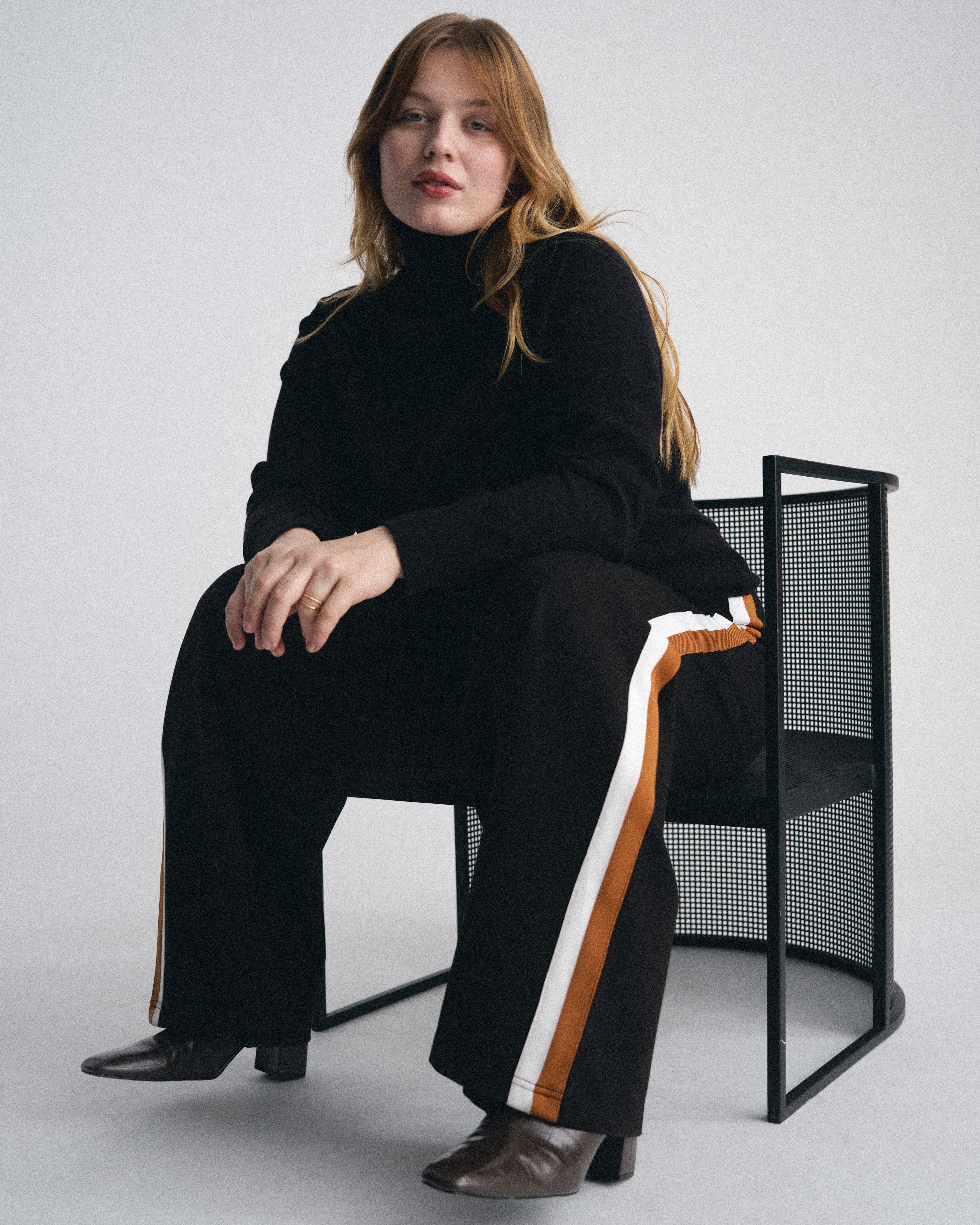 Stephanie Wide Leg Stripe Ponte Pants 30 Inch - Black with Ochre/White Stripe