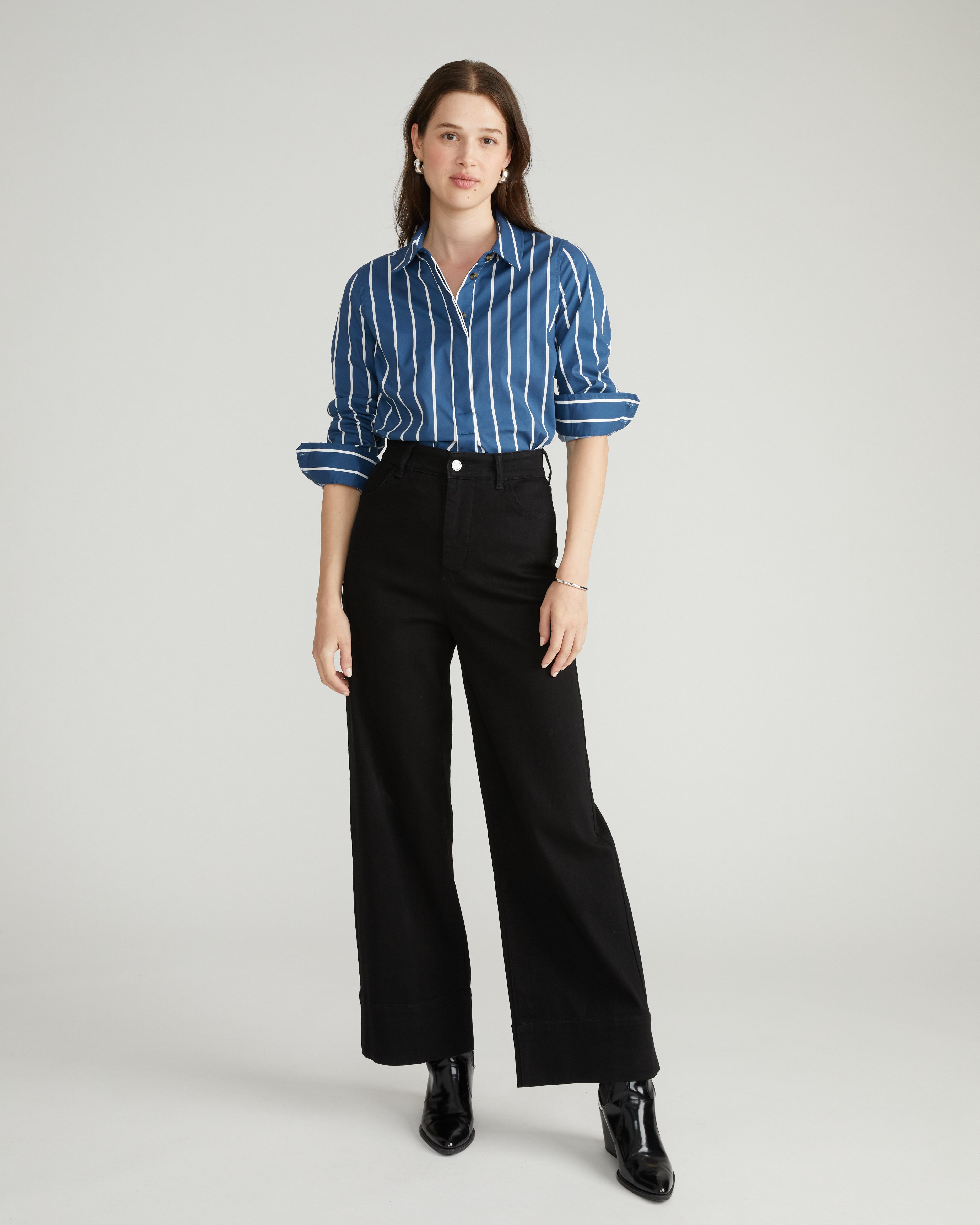 Elbe Popover Stretch Poplin Shirt Classic Fit - Ensign Blue/White Stripe