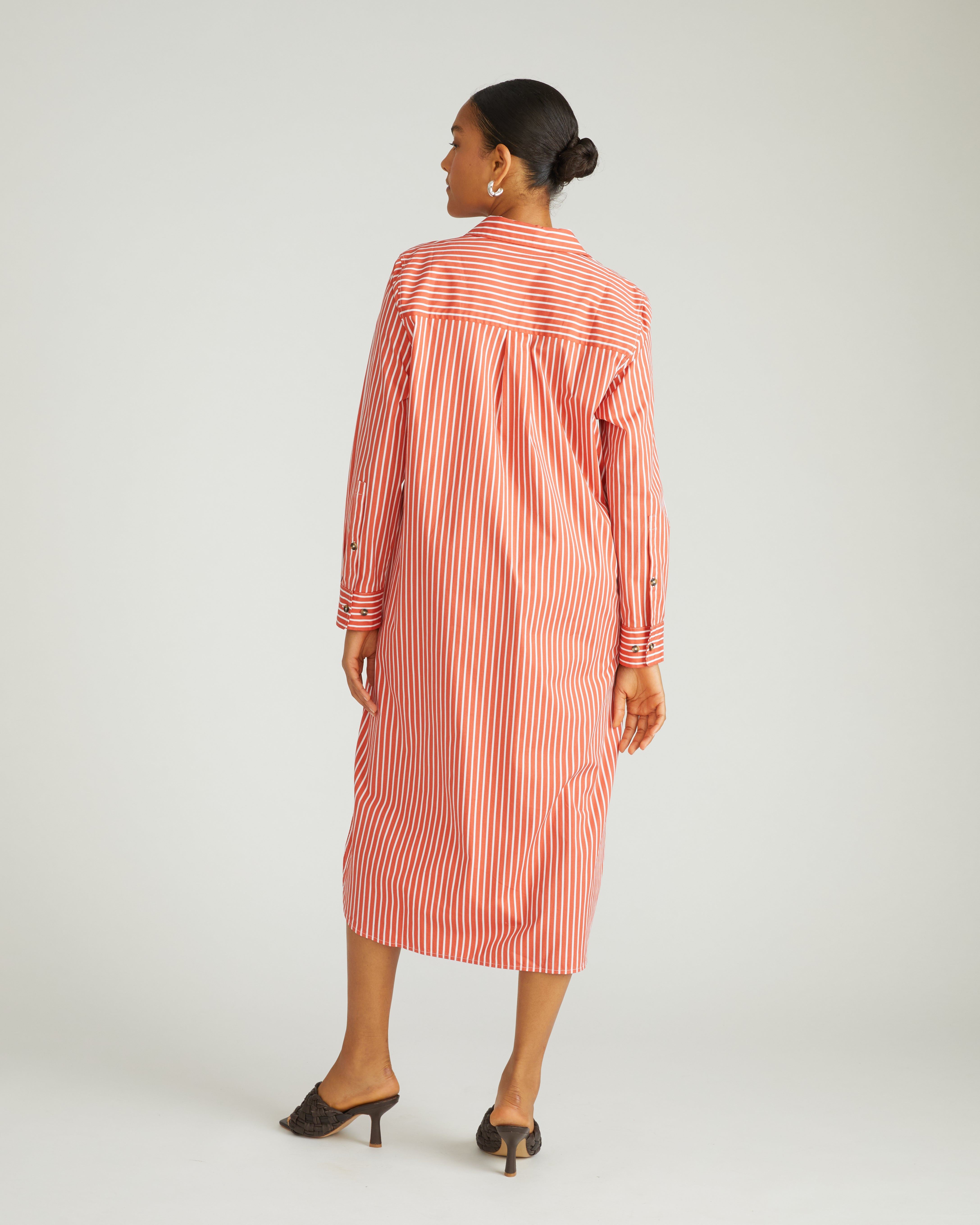 Odeon Stretch Poplin Shirtdress - Coral Reef/White Stripe
