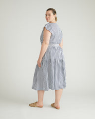Ambroeus Smocked Poplin Dress - White/Navy Multi Stripe
