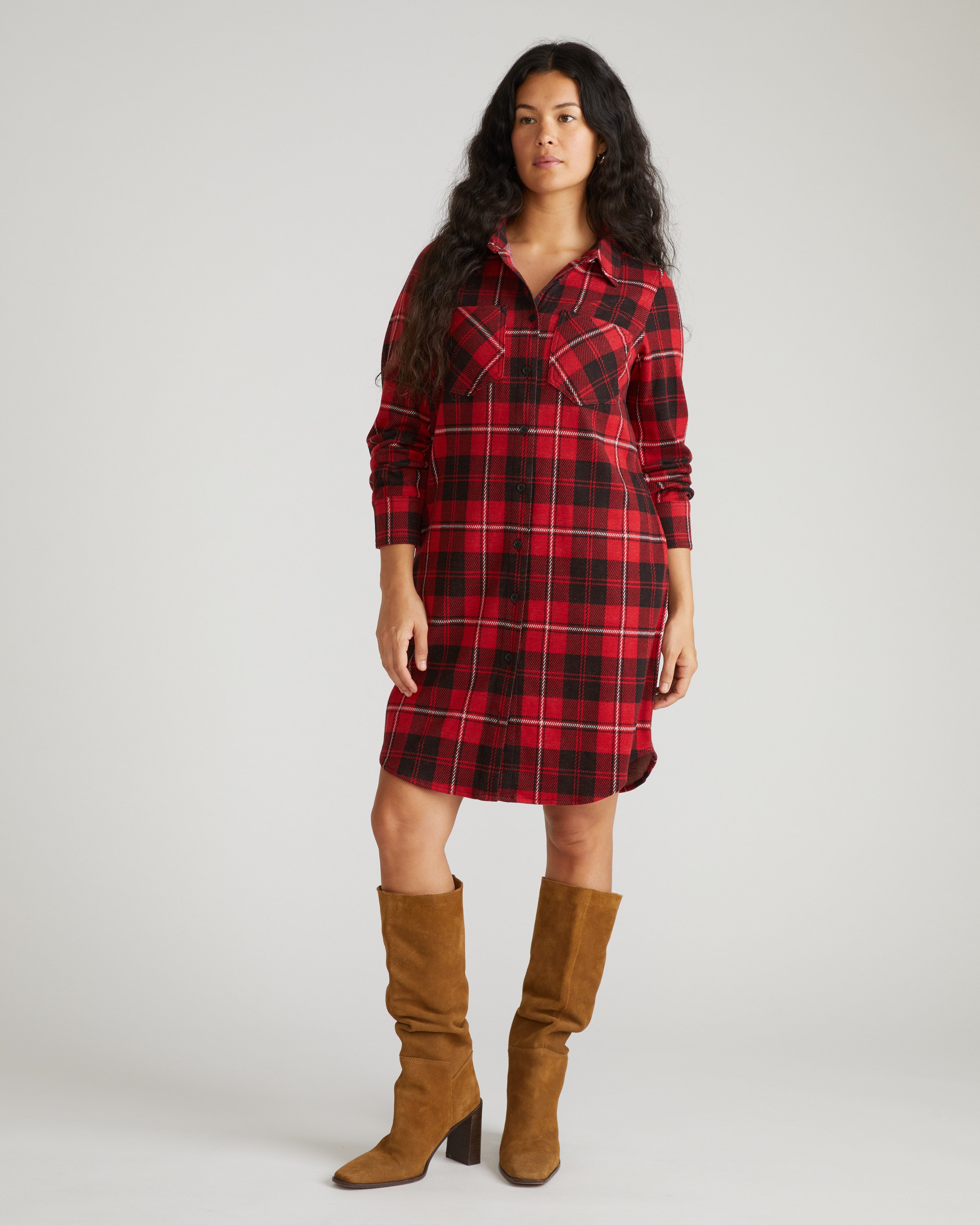 Maine Stretch Flannel Shirtdress - Ridge Brew Red Plaid