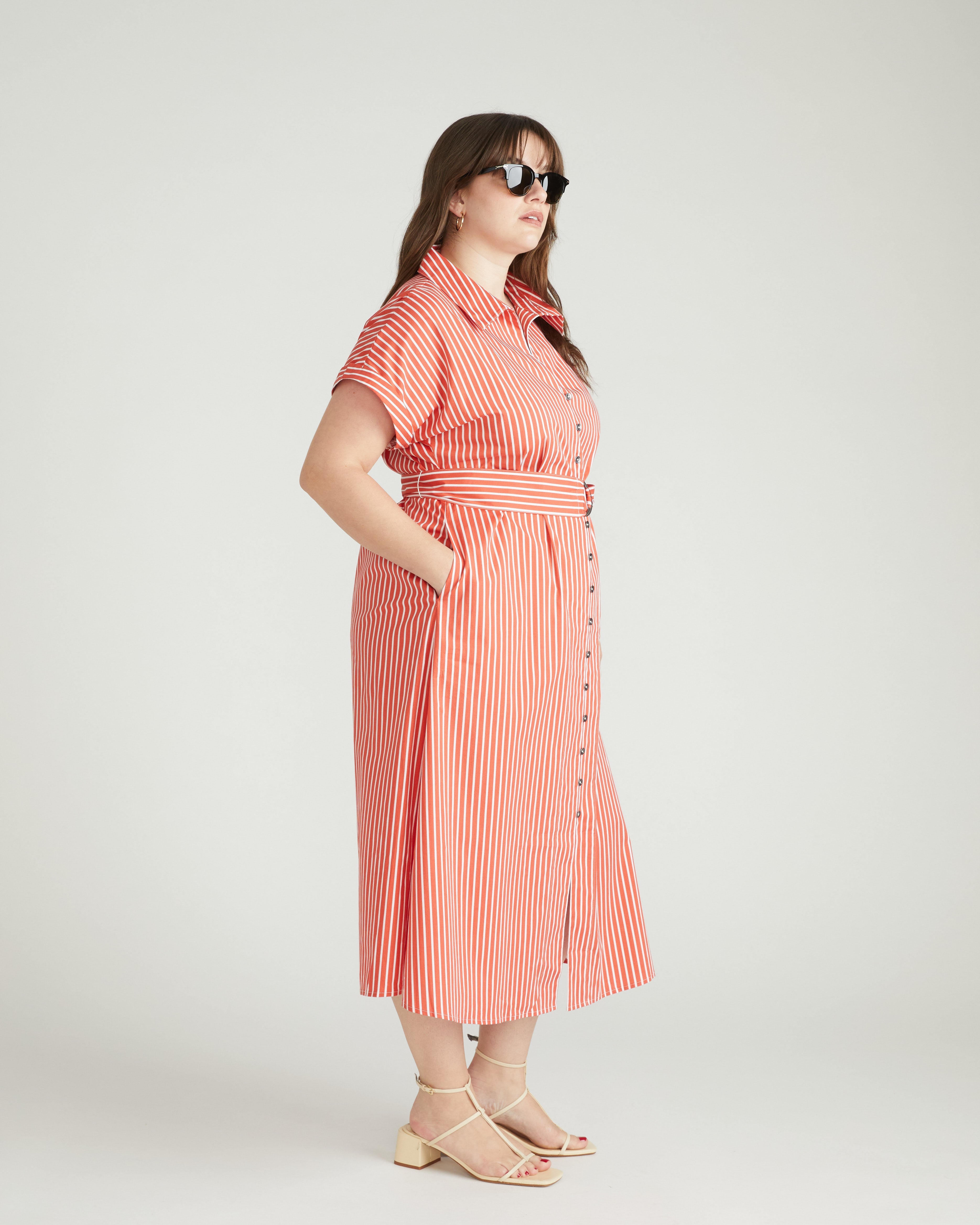 Sandy Stretch Poplin Shirtdress - Coral Reef/White Stripe