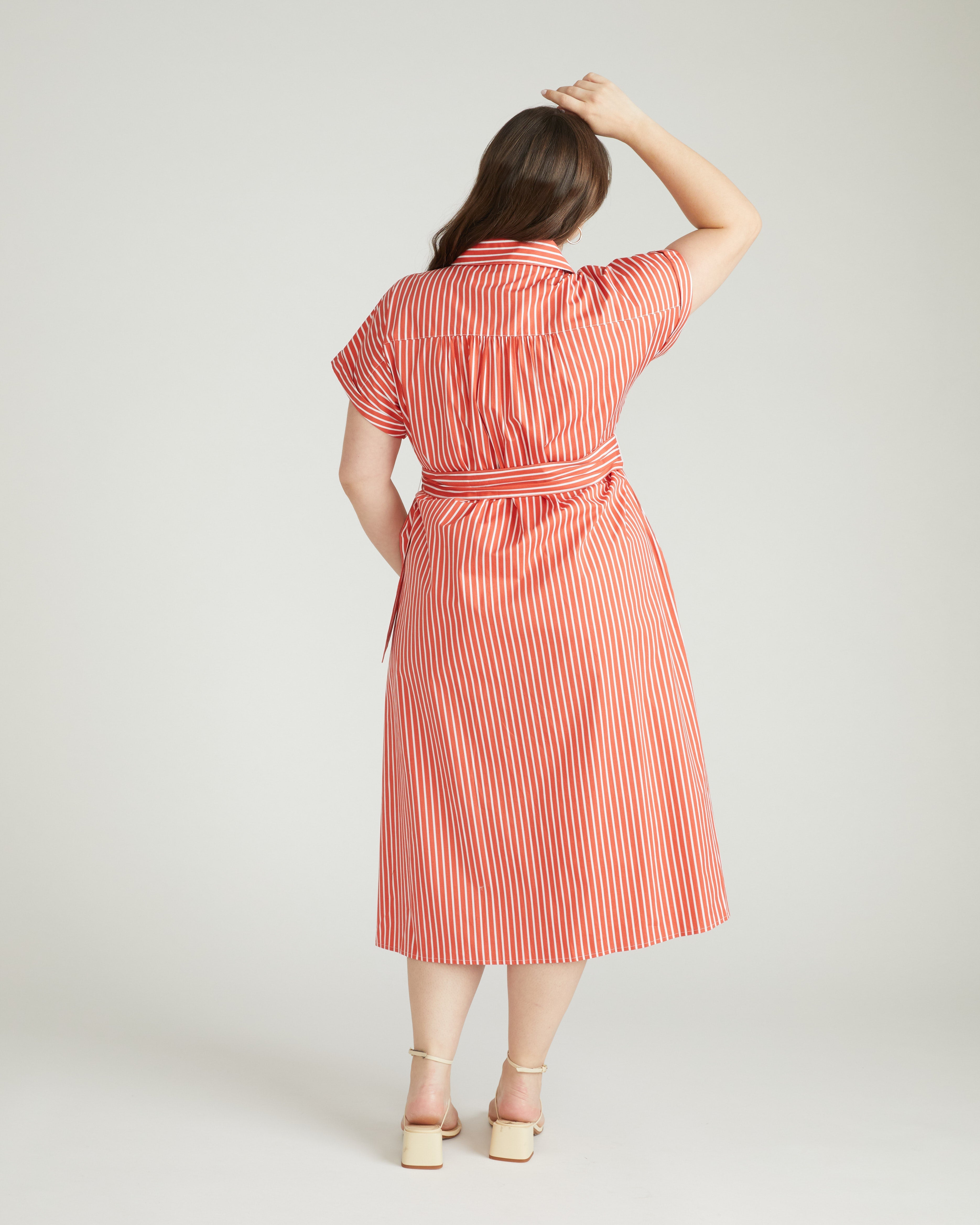 Sandy Stretch Poplin Shirtdress - Coral Reef/White Stripe