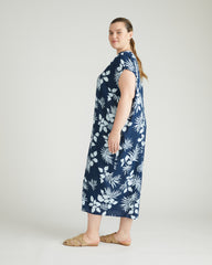 Cabana Linen Kaftan - Palm Print in Light Blue