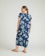Cabana Linen Kaftan - Palm Print in Light Blue